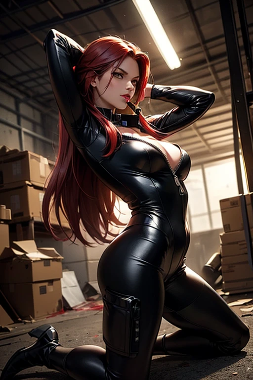 Redhead babe, black mask, full-body lens, 8K resolution, strong figure, {{Huge_breast}}, straight chest, slender waist, tall, slender legs, thin and transparent tights, {{latex}}, {{glossy}}, {slim}, fair skin, {black_stockings}, highest details, light curls, long bangs, openwork, side space, various tattoos all over the body, open legs, sitting on the bed --auto --s2
