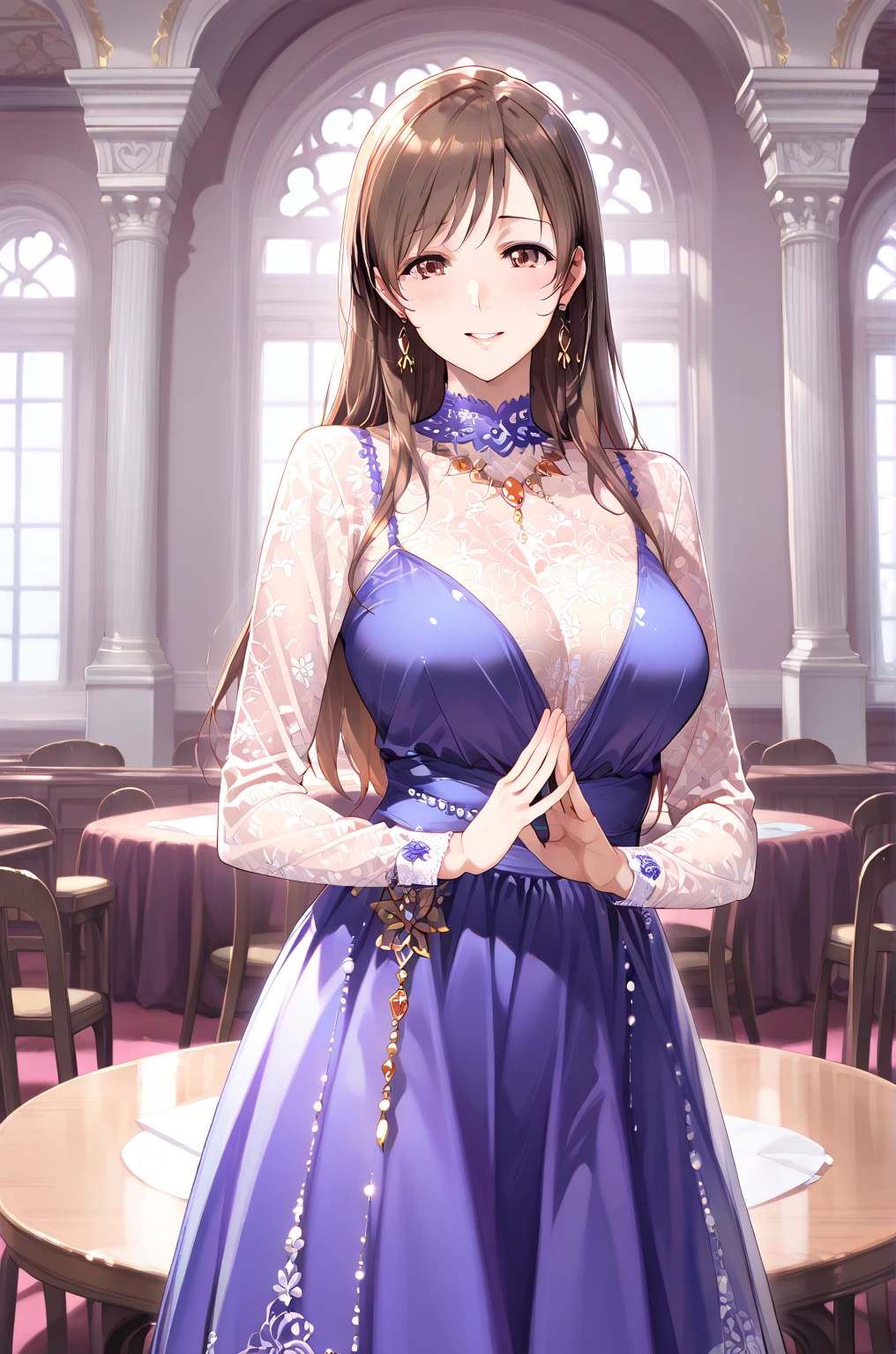 (best quality:1.5, highres, UHD, 4K, detailed lighting, shaders, HDR), asuna yuuki, light brown long hair, large breasts, off shoulder kimono, cleavage, smiling, standing, close shot, night background