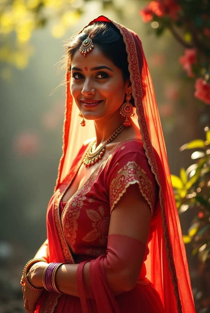 A woman is walking in the streets of India and she is wearing a red saree and she is also wearing bangles and she is also wearing Mangal Sutra  and  also has a smile on his face , ultra realistic face, and smooth,