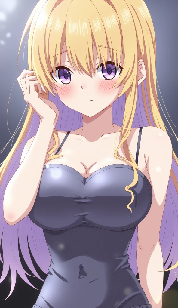 kelolinde,1girl,jewelry,breasts,skirt,solo,shirt,bra,cleavage,pantyhose,necklace,looking at viewer,holding,black bra,long hair, yellow hair, purple color eyes, detail face, detail hair, detail eyes, detail bra,cheerful face