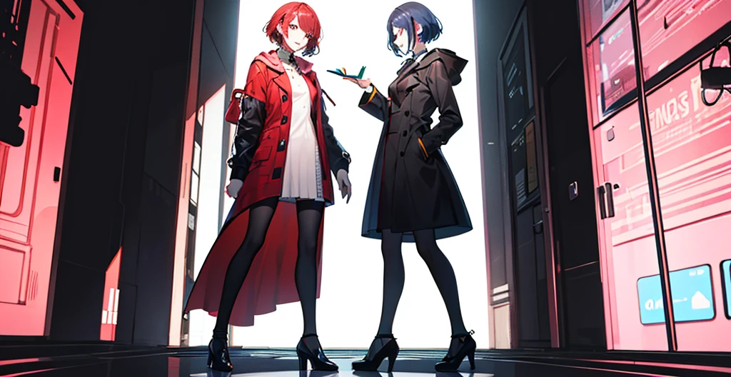 Draw 2 people in line art. One is a bright character and one is a chic character