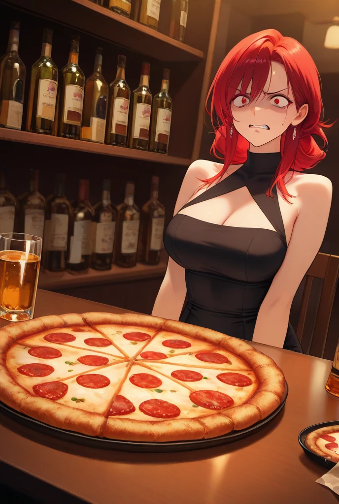 a woman in a black and green dress, purple hair, orange eyes, in a pizzeria, drinking wine, smiling