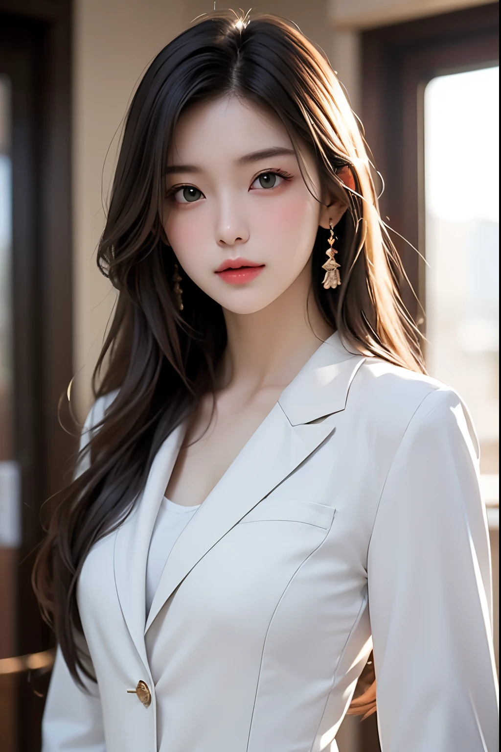 (facial expression: happy, ), (Type of clothing: business suit), (Color of clothes: white), (complexion ; thin), perfect anatomy, a woman, Long Hair, green eyes, blush ,