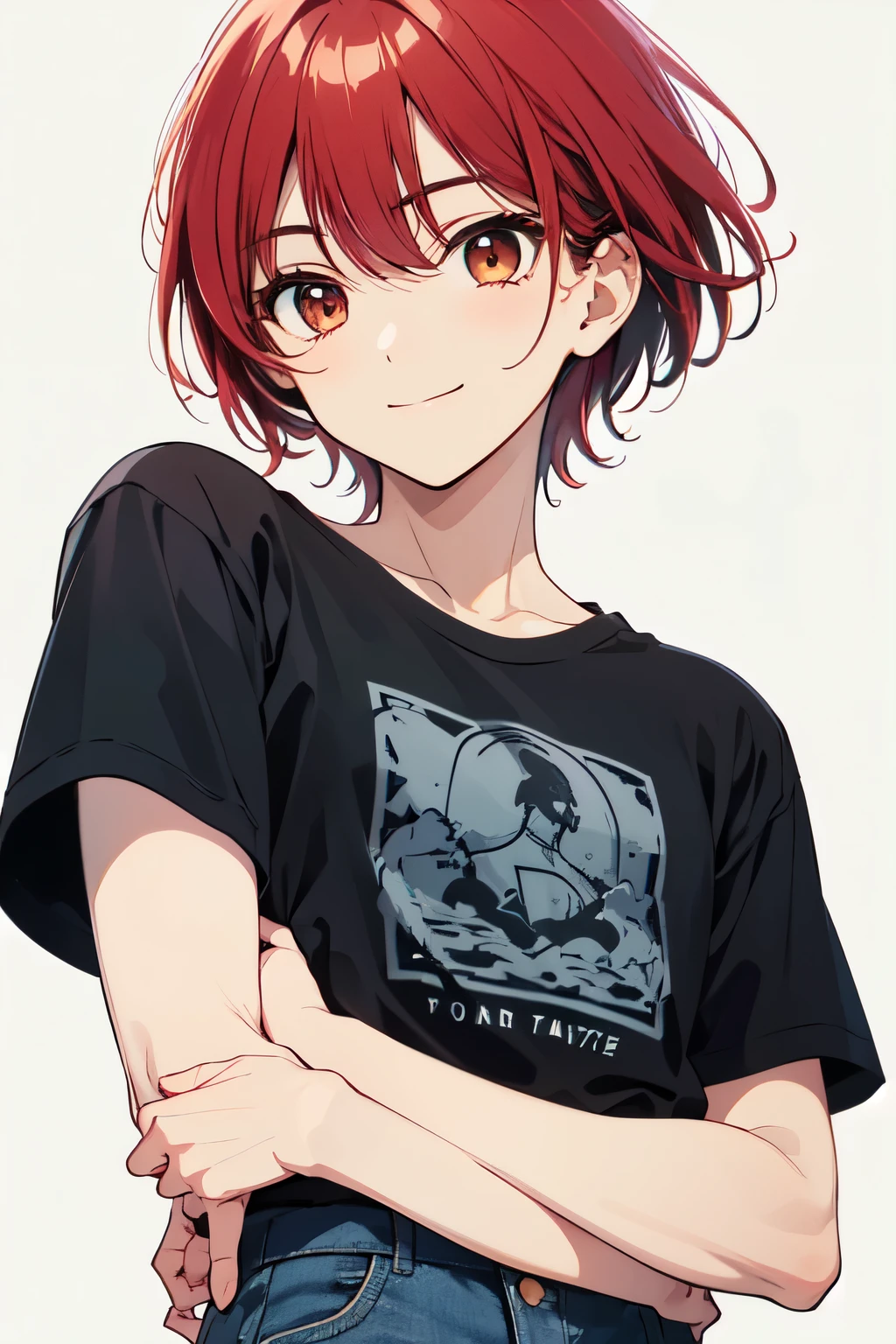 Xiao from Genshin Impact, boy, 16 years old, messy reddish brown hair, green eyes, open red t-shirt with black wing print, necklace with a golden cross, blue jeans, looking in profile directly at the viewer, white background