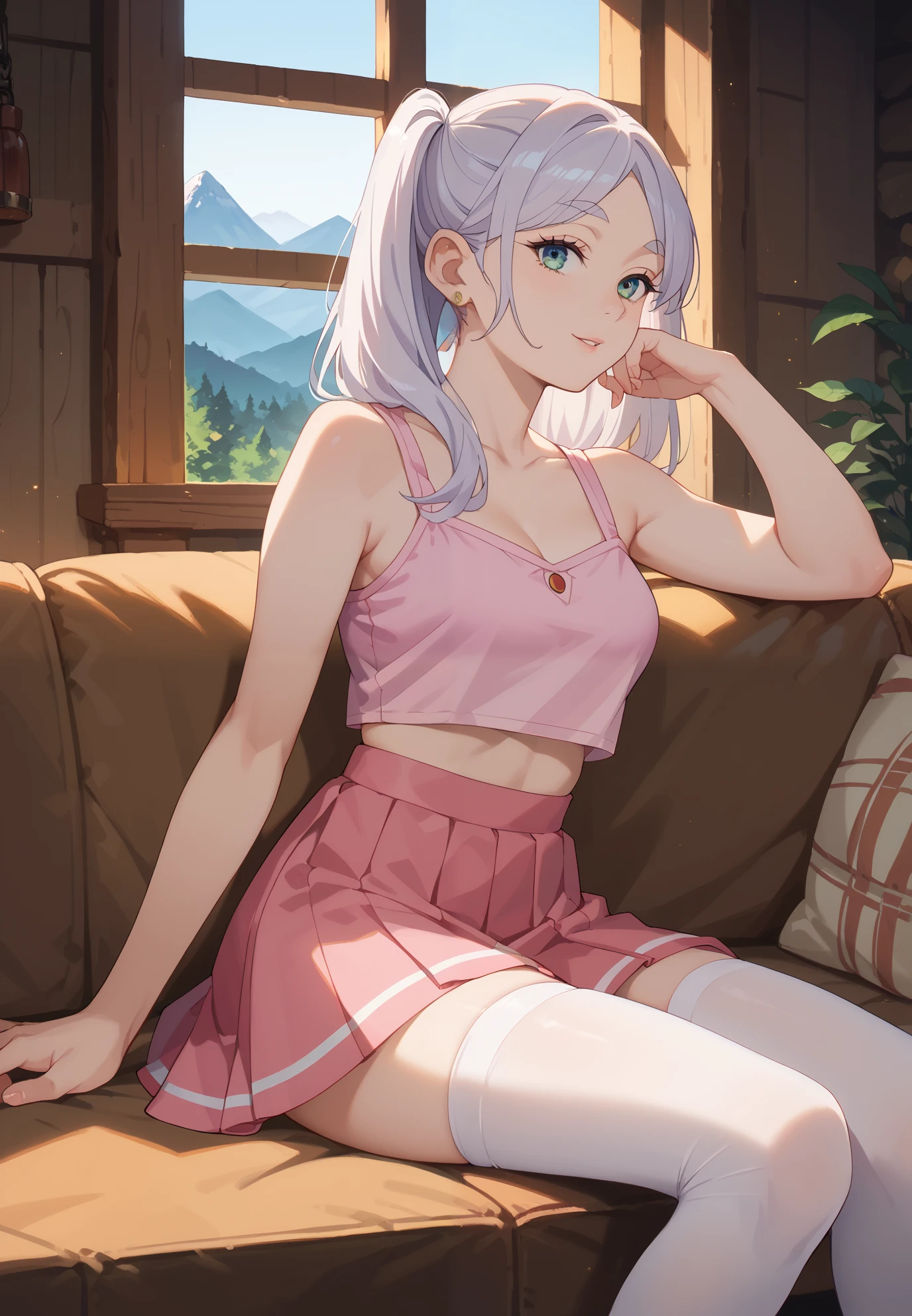 1girl, solo, Frieren, Friend Beyond Journey's End, sitting on a couch, white stockings, pink crop top, skirt, sexy pose, alluring atmosphere, BREAK, mountain cabin, night time, beautiful lighting and shadows,