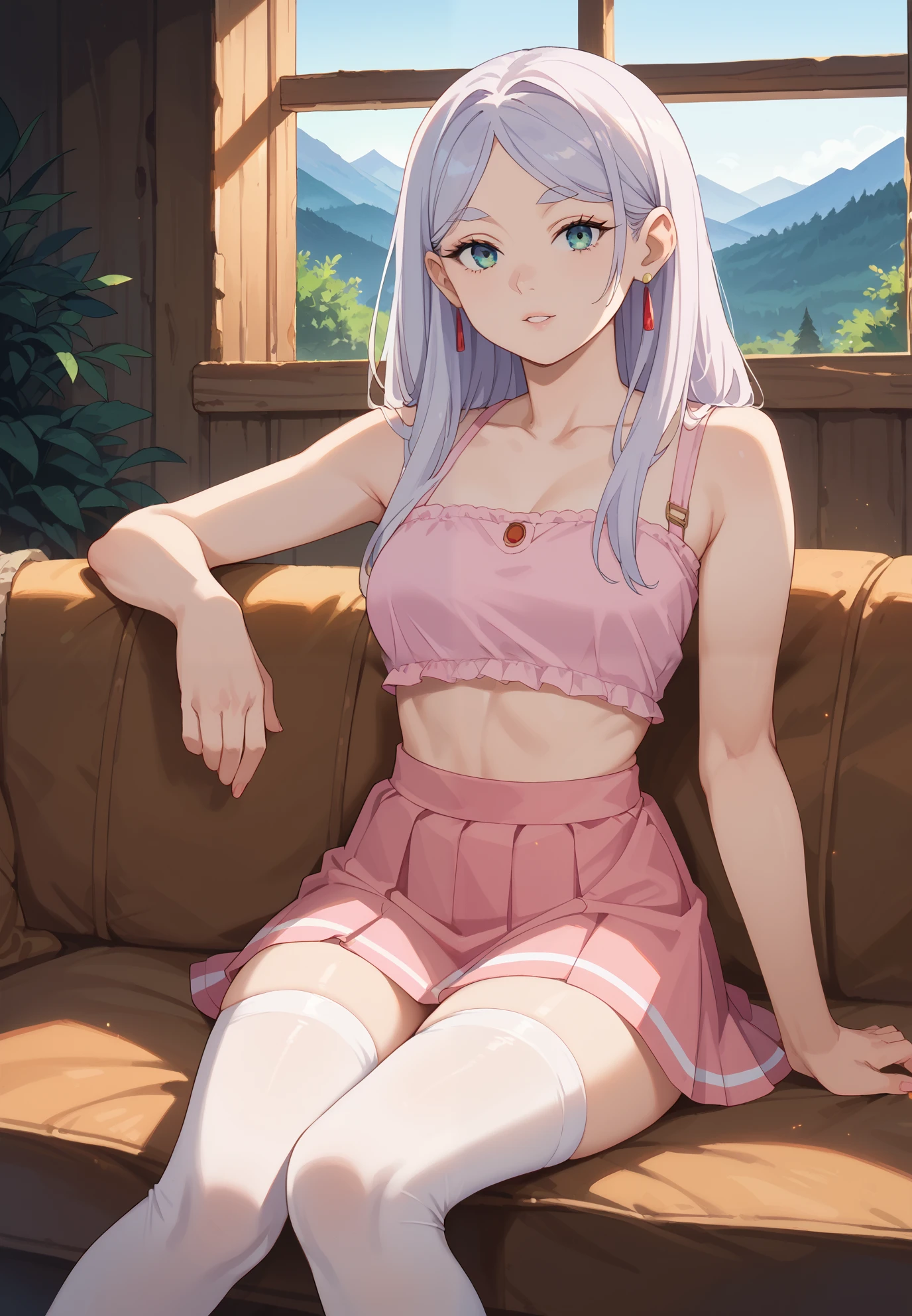 1girl, solo, Frieren, Friend Beyond Journey's End, sitting on a couch, white stockings, pink crop top, skirt, sexy pose, alluring atmosphere, BREAK, mountain cabin, night time, beautiful lighting and shadows,