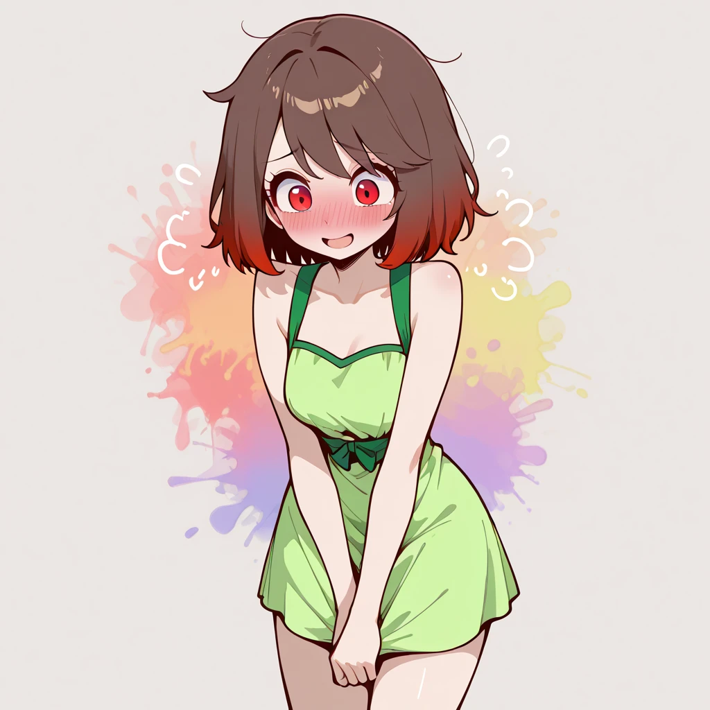 red eyes,red eyes, green clothes,1 yellow stripe in the middle of the dress,short brown hair,short brown hair, illustration style ,Show your upper body,Show your upper body,blush, and her face is blushing ,look overwhelmed,blush, and her face is blushing ,look overwhelmed,high resolution, at the bottom for more details, at the bottom for more details, at the bottom for more details,Add highly saturated colors