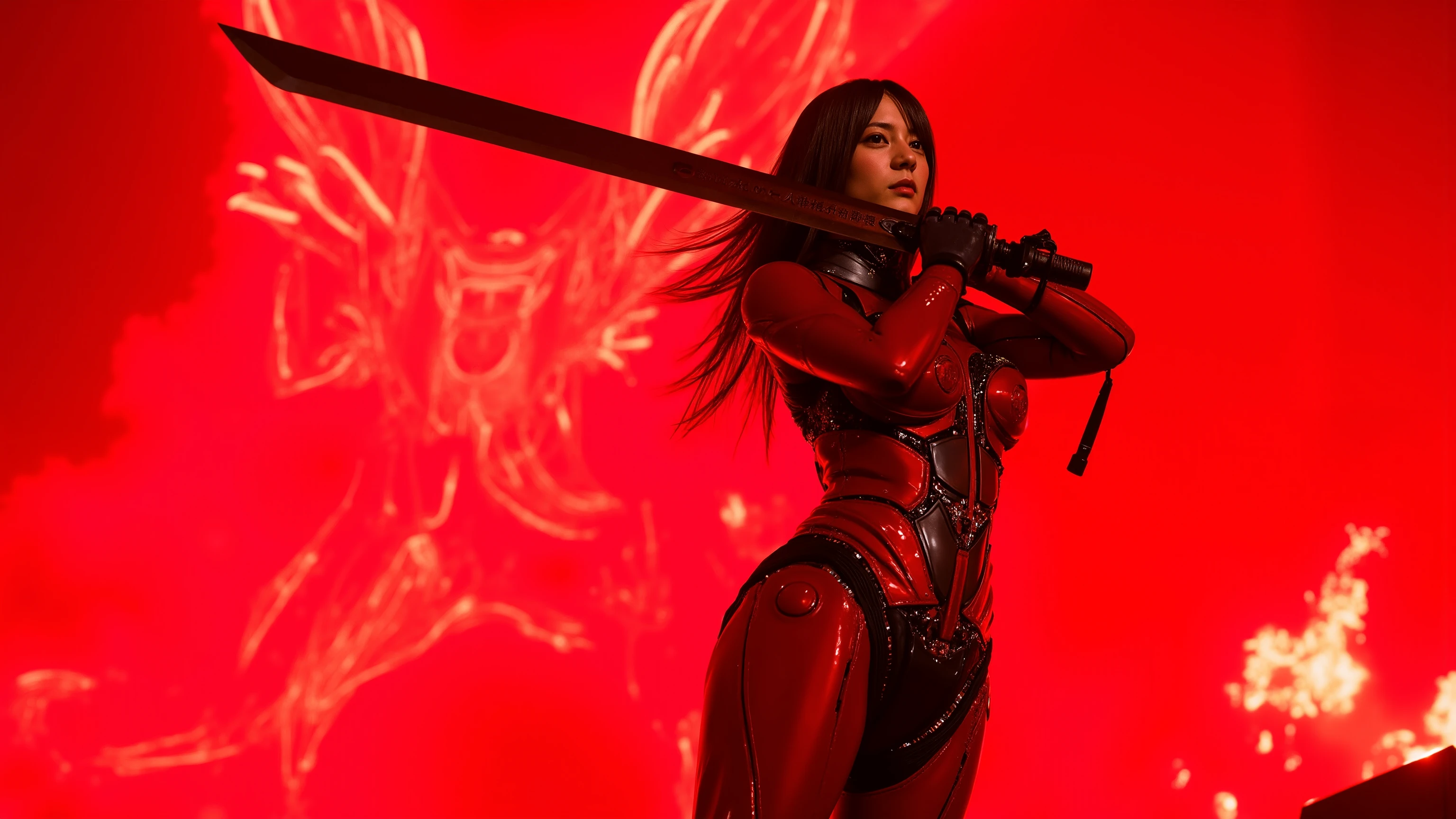 Cyberpunk helllady warrior in neon mecha armor，female swordsman Holding a sword in a pool of blood，solo，1sword，Luminescence&#39;s light eyes，Devil&#39;s Wings，Wide-angle lens，biology，weird，Creepy，nightmarish，Very bright neon colors，Light Particles，Luminescence，Best Photo of the Year Winner，the world on fire，Post-apocalyptic hellscape，Military photography，Epic Photo of the Yeare on the horizon，Epic movie shots，Pure form，Intricate details，8k，Post-production，high resolution，Super Detail，anatomical correct:2