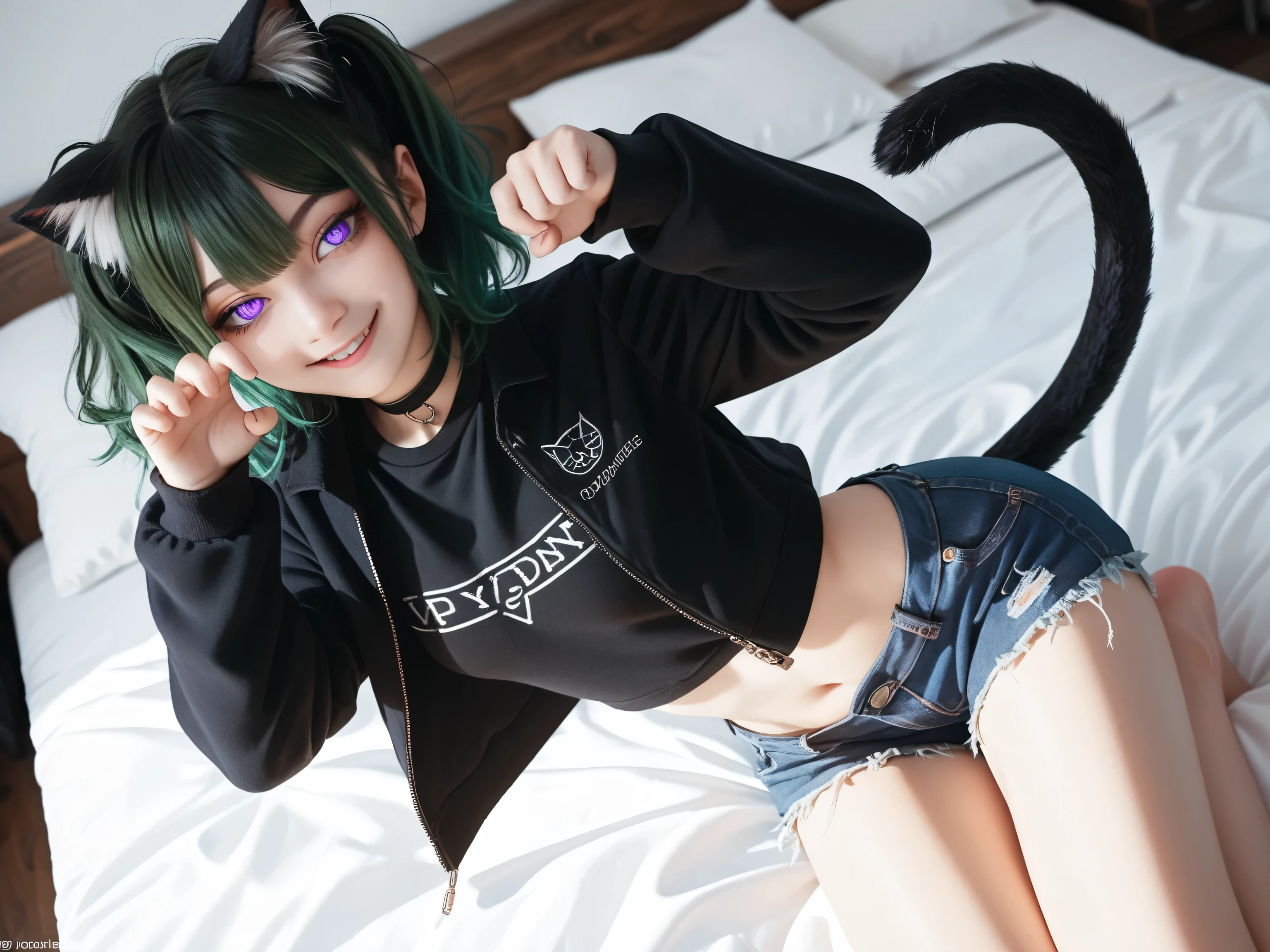 high image quality、high quality、night、bed、high school student、 green hair、Purple Eyes、 beautiful eyes、 small 、jeans shorts、belly button stick、tail、jacket、Smile、cat pose、Koba Kosuwari