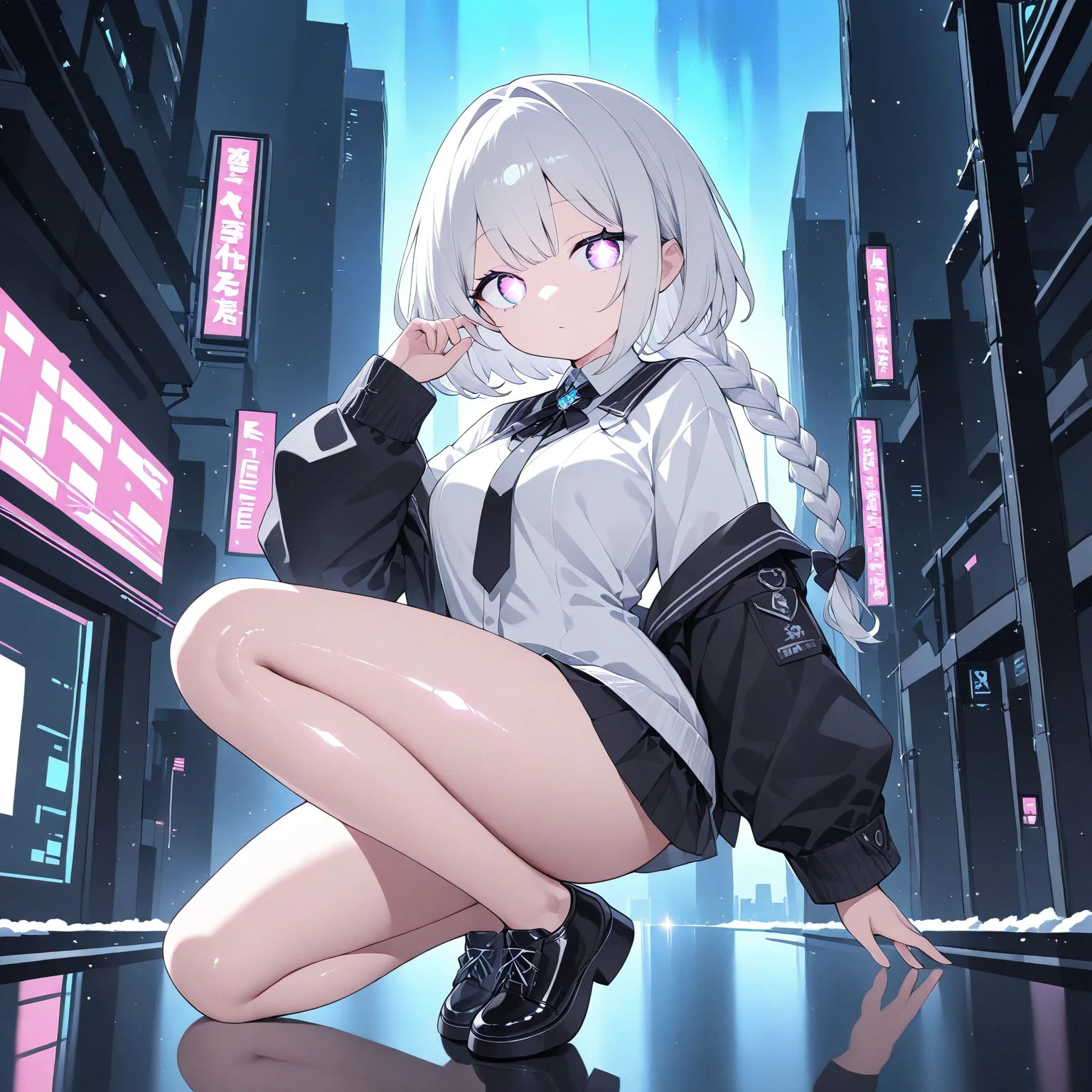 Anime Kawaii sexy Perfect Slim sensual body large breast and huge thighs, An intricate and highly detailed illustration of anime (Young girl) NSFW,Big perfect breasts ((Space Punk Girl)),(((1 girl))),((beautiful Girl)), ((Saggy breasts)), ((Gray Hair, Dirty black hair, Inner hair color)), Long Hair , Amazingly long and voluminous hair, ((intricately cut hair)), (((Neon pink eyes: 1.4))), beautiful detailed eyes, Very sexy body, ((((Short sweatshirt, Short sweatshirt, Complex sweatshirts)) )) Flowing Cyberpunk Skirt, Revealing clothing, Show some skin, ((((Well good)))),((Cleavage))(((Cyberpunk Clothing, Complex clothing, Complex clothing))) (((Light Skin: 1, 5, Sunburned skin, Glowing Skin) )), ((Firm Abdomen)), Wide Hips, Moving objects, Sexy Legs, Detailed body, ((Detailed face)), (Graffiti on clothes), (Half naked, dress up a little, barefoot) ((Sexy pose)), alone, Embarrassing, High resolution, Sharp focus, (Very detailedな, Very detailed), (Perfect art) (Very detailed), (((Bright colors))), (Background Complex), (Tabletop), (Highest quality), Synthwave Neon Colors, (((beautiful, Conclusion, attractive, erotic))), (((Browsing Caution))), Cyberpunk seaside town at night, Puddle with bright and dark storm clouds and neon sign, scenery: 1 , 30,