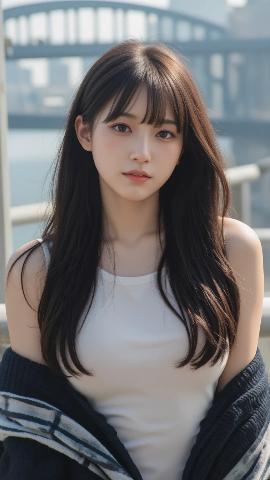 (highest quality、16K resolution)1 girl、solo、natural soft light、small breasts、japanese woman、look at the camera、wearing a black sweater、(concrete background)、facing the front、standing、beaver、Woman in her late teens、light bangs、(long hair)、salon model、natural look、Portrait、floating hair、straight hair、brown hair