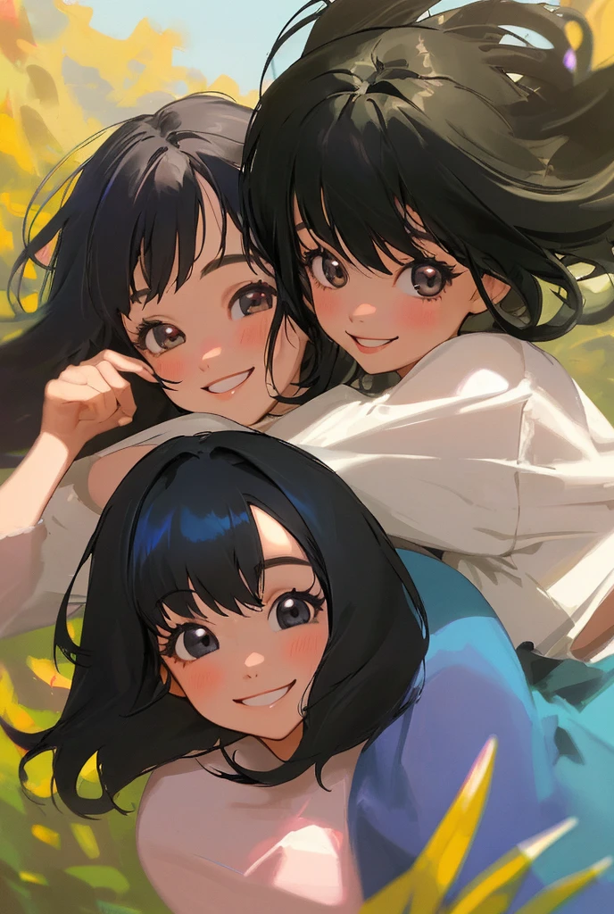 (highest quality, amazing details: 1.25), (3heads:1.5), 1girl, smiling, black hair,red eyes, yellow eyes, blue eyes, casual wear, turtleneck shirt, vest, black sweat pants, medium breasts