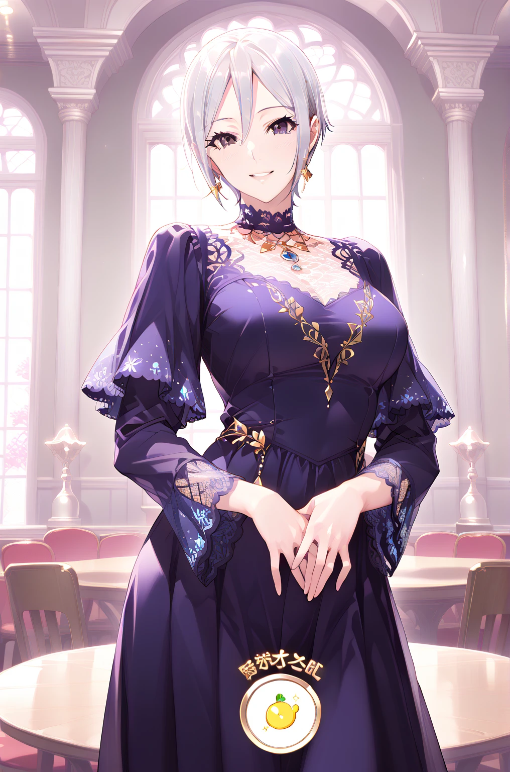 (masterpiece),(best quality),very aesthetic,(ultra-detailed),(illustration),nsfw,1girl,16yo,slender,long hair,silver hair,straight hair,(blunt bangs),dark blue alluring eyes,bored,sigh,(annoyed:0.5),holding a wine glass,drunk,standing,standing on one leg,crossed arms,head tilt,leaning against Gorgeously carved stone walls,An elegant and sophisticated outfit perfect for a party, featuring a purple velvet dress with green lace accents,long sleeves,Silver necklace with embedded emerald gemstone,Guest house of Western aristocracy,Luxurious and spacious halls,table,A sumptuous meal is laid out on tables,cowboy shot,crowded with Mob Western Aristocracy
