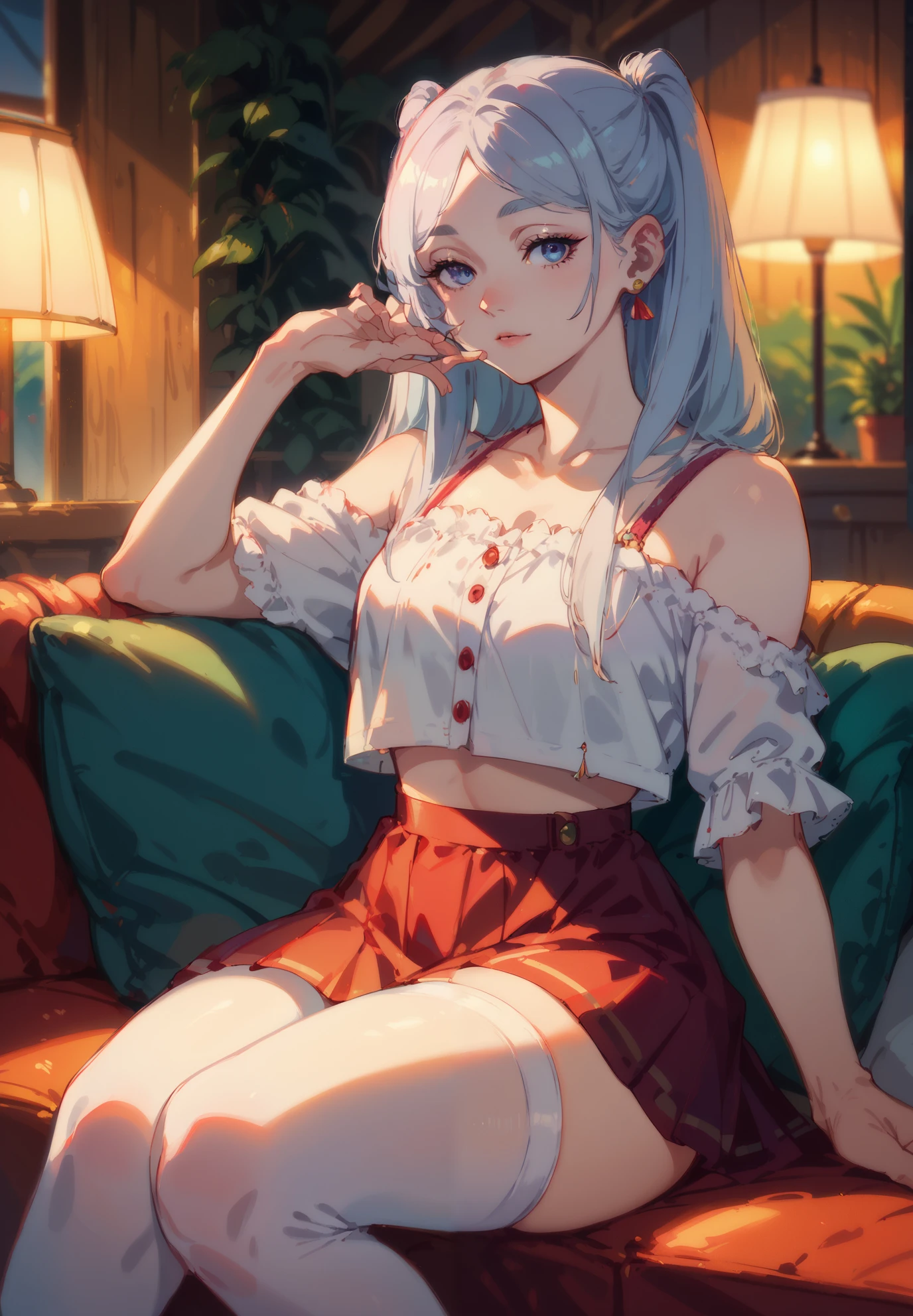 1girl, solo, Frieren, Friend Beyond Journey's End, sitting on a couch, white stockings, pink crop top, skirt, sexy pose, alluring atmosphere, BREAK, mountain cabin, night time, beautiful lighting and shadows,