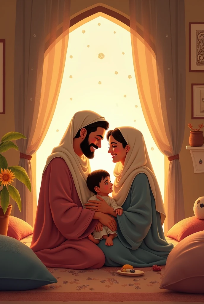 The Prophet (peace and blessings of Allaah be upon him) and his wife were fully clothed.. Their baby is born one day and is in the cradle in front of them. Image from 1500 years ago. Space is the sky and the rainbow.. The earth is full of grass with beautiful flowers.