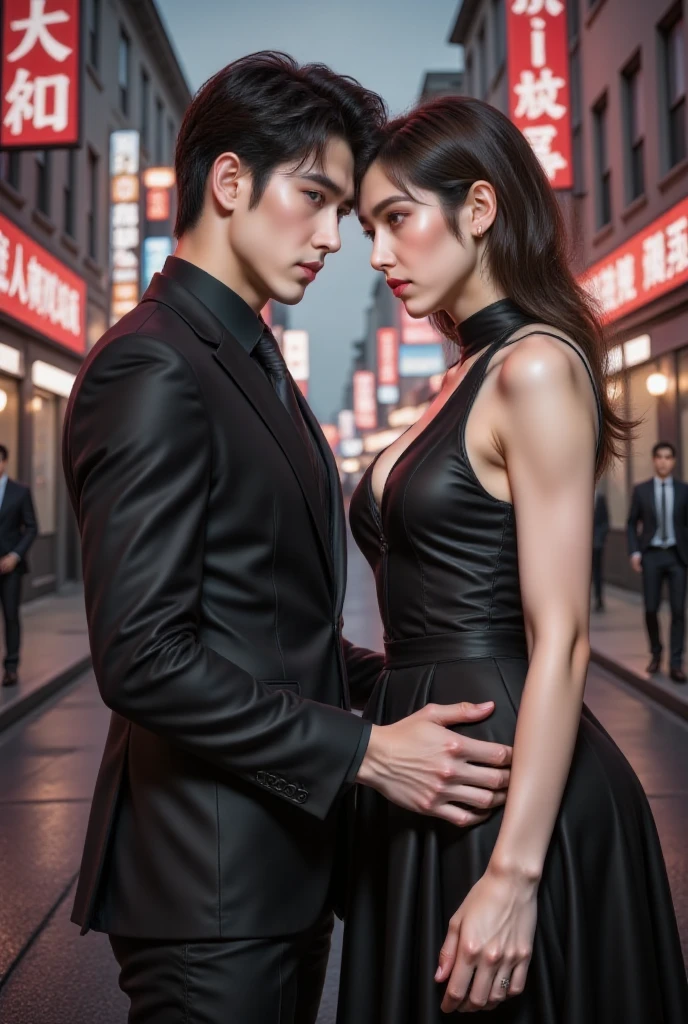 (1980s era:1.2), Triad gang leader, His mistress, Walking together, Gang meeting, Muscular leader, Well-dressed couple, (Tailored Italian suit for him:1.4), (Luxury designer clothing for her:1.5), (Hong Kong underworld:1.3), (Dangerous allure:1.2), (Commanding presence:1.1), (Enticing dynamic:1.2), (Charismatic duo:1.3), (Alluring chemistry:1.4), Confident, (Radiating authority:1.2), (Seductive smile on her:1.3), Dominating, Intriguing, Menacing, (Sultry appearance:1.4), Controlling, (Alluring silhouettes:1.2), (Dominant postures:1.3), (Attractive figures:1.4), (80s charm:1.1), (Dangerous fashion:1.2), Elegance, Strength, (High-fashion statement:1.1), (Model poses:1.2), Chic, Sophistication, (Fashion icons:1.1), (Timeless style:1.2), (Elegant attire:1.3), Iconic, Power, Vogue, Nostalgic, (Retro style:1.4), (Classic elegance:1.1), (Fashion-forward:1.2), Trendsetters, (Effortless style:1.4), (Timeless allure:1.1), (Chic elegance:1.2), Glamorous, Luxury