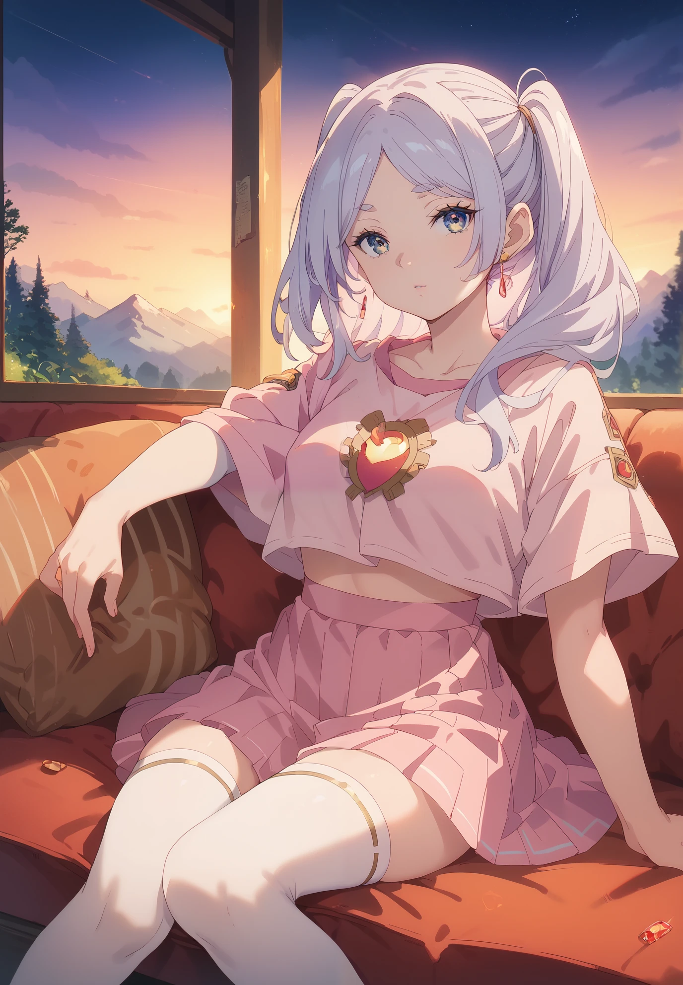 1girl, solo, Frieren, Friend Beyond Journey's End, sitting on a couch, white stockings, pink crop top, skirt, sexy pose, alluring atmosphere, BREAK, mountain cabin, night time, beautiful lighting and shadows,