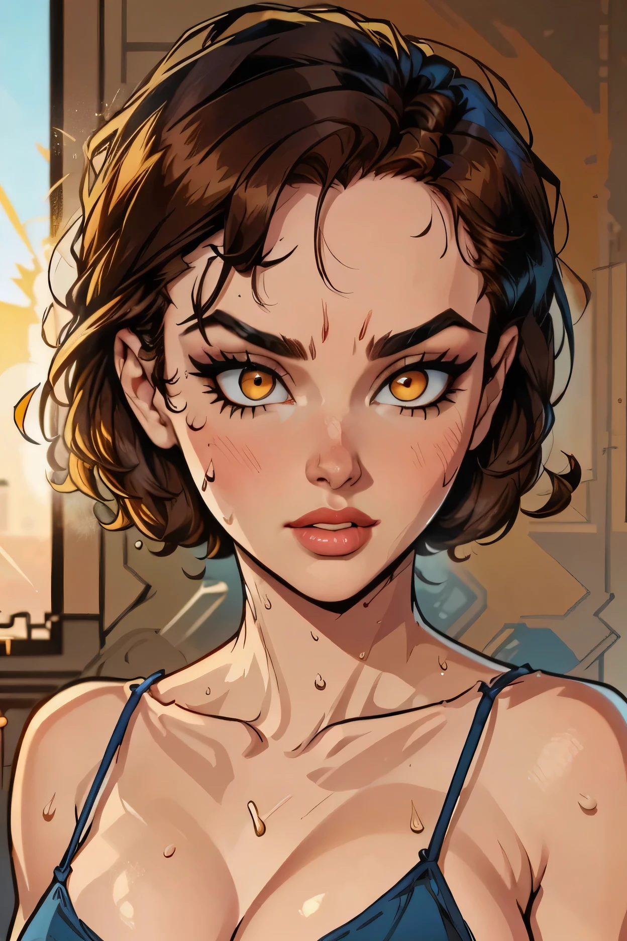 perfect face, face, short hair, brown hair, (forehead:1.1), black eyebrows, thin eyebrows, glowing golden eyes, black eyeliners, nose, thick lips, beautiful woman, big boob, ((blue cami top)), looking at viewer, (sweat:1.3)