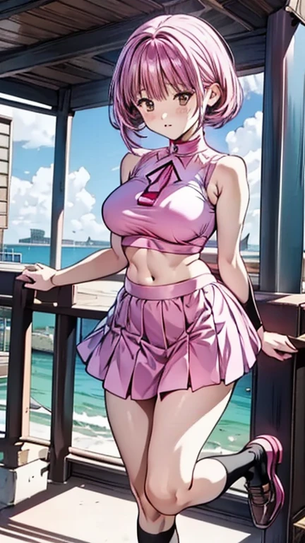 beautiful woman wearing a brass (tutu skirt), <lora:tutu_skirt-SD-1.0:1>,
coy smile, looking at viewer,
(pink hair Updo),
maxi skirt,
medium breasts,
__artist_anime__,
(solid color backdrop),
one hand on chin looking contemplative,