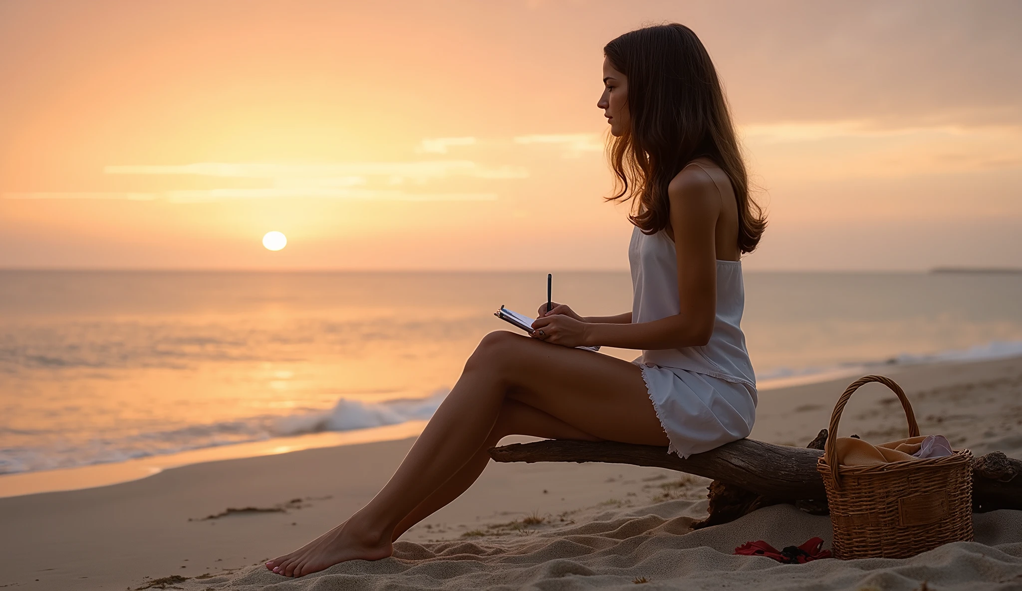 a beautiful young woman , long brown hair,Perched on a weathered driftwood log, she sketches the horizon where the sun melts into a tangerine pool. Her hair, streaked with salt, A picnic basket sits beside her,