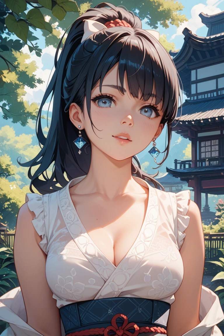 high resolution, super alta qualidade, super obra-prima, 8K, Super fine CG video, (vara realista: 1,2), sharp focus, luz suave, ambient lighting, 1 , 18-year-old Japanese, beauty and enchanting fusion, fusion of joy and hate, fusion of happiness and sadness, cabelo preto longo reto, rosto bonito, rosto detalhado, olhos grandes e uniformes, perfect proportions of young women, seios grandes, cintura pequena, umbigo, bunda grande, fenda na virilha, coxas, Tabi branco sujo (clavicle, decote, without bra), wearing an expensive Japanese kimono, brilho labial, a mountain shrine from the Edo period, an old red torii gate,