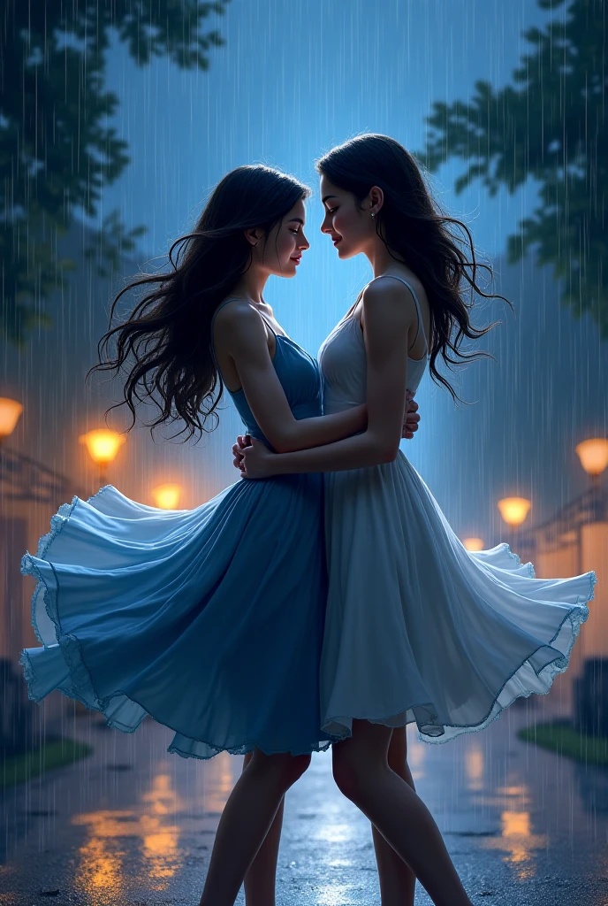 (impressionist masterpiece oil painting depicting closeup) of an alluring ravishing Indian lesbian couple in rain, passionately kissing on a wet street on a rainy day, wearing wet embroidered bralette and long skirt & heels, twirling skirt in rain, navel, wet long brown wavy hair with highlights, wet glistening skin, romantic, (reflections on street:1.1), raindrops on street (beautiful detailed  eyes:1.1) , (passionate smiling expression:1.2)  intense dramatic lighting, falling leaves and flowers bokeh, backlit, light rays, highly detailed, trending on artstation, paint splashes, rich colour,  falling leaves & flowers all around,(perfect long wavy hairstyles),  abstract portrait, by Atey Ghailan