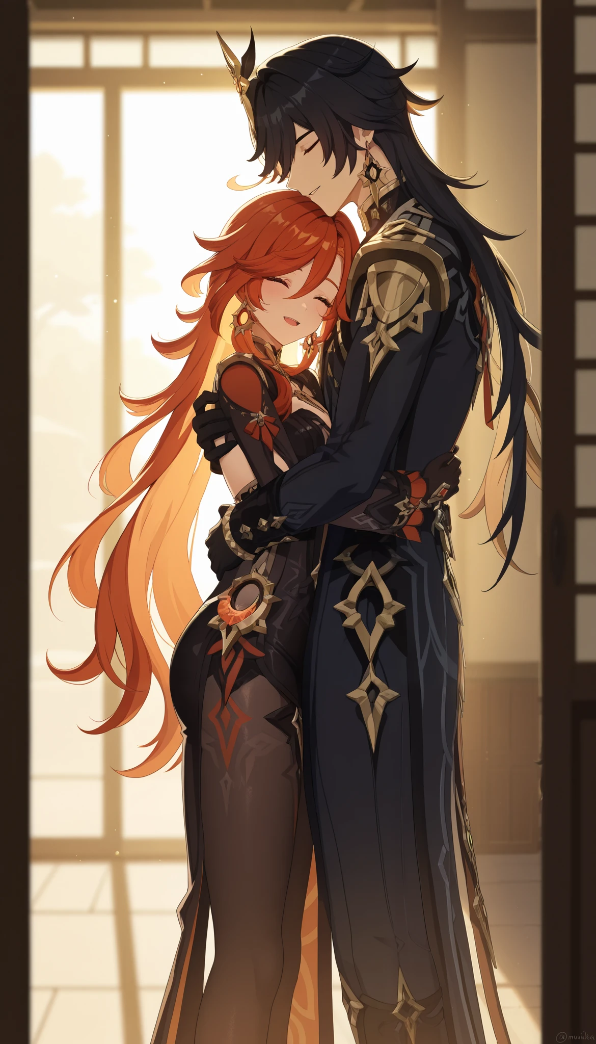masterpiece, best quality, amazing quality, very aesthetic, newest, couple, hetero, (duo focus), 1girl \(Mavuika: genshin impact\) \(detailed face, closed eyes, smile, parted lips, open mouth\) \(standing, hugging other, hugging male\), 1boy \(Capitano: genshin impact\) \(standing, hugging other, hugging female\), hug, hugging each other, japanese paper doors, warm lighting, sunlight, full shot, side view, (both in frame),