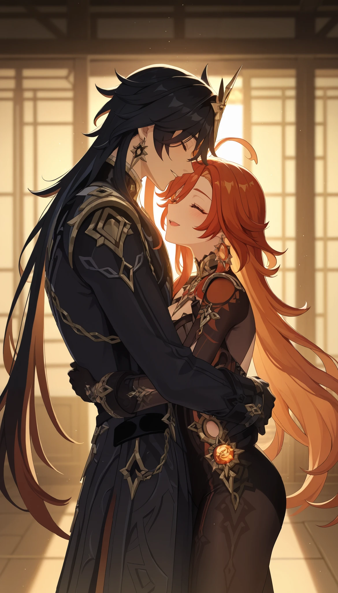 masterpiece, best quality, amazing quality, very aesthetic, newest, couple, hetero, (duo focus), 1girl \(Mavuika: genshin impact\) \(detailed face, closed eyes, smile, parted lips, open mouth\) \(standing, hugging other, hugging male\), 1boy \(Capitano: genshin impact\) \(standing, hugging other, hugging female\), hug, hugging each other, japanese paper doors, warm lighting, sunlight, full shot, side view, (both in frame),