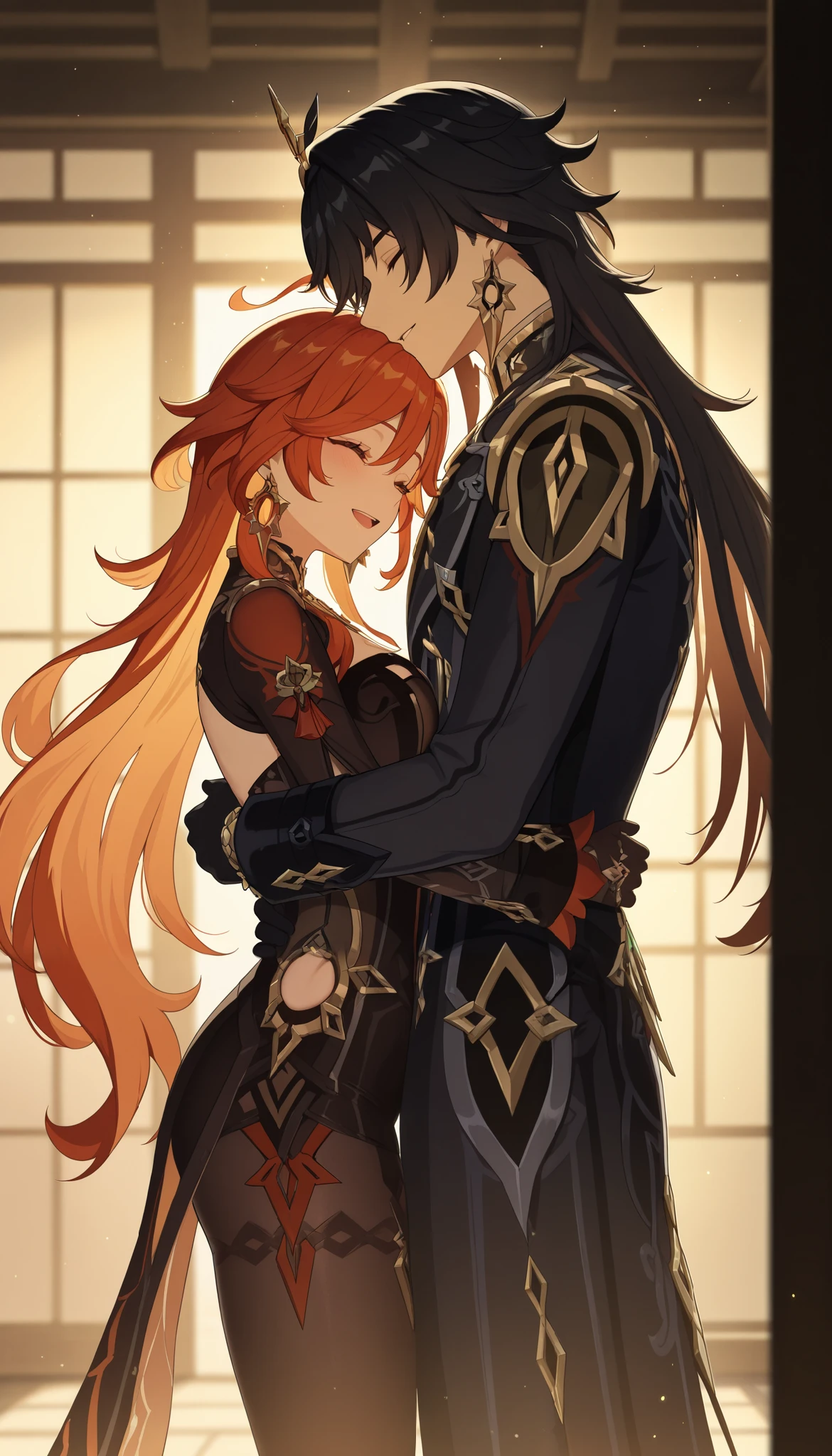 masterpiece, best quality, amazing quality, very aesthetic, newest, couple, hetero, (duo focus), 1girl \(Mavuika: genshin impact\) \(detailed face, closed eyes, smile, parted lips, open mouth\) \(standing, hugging other, hugging male\), 1boy \(Capitano: genshin impact\) \(standing, hugging other, hugging female\), hug, hugging each other, japanese paper doors, warm lighting, sunlight, full shot, side view, (both in frame),