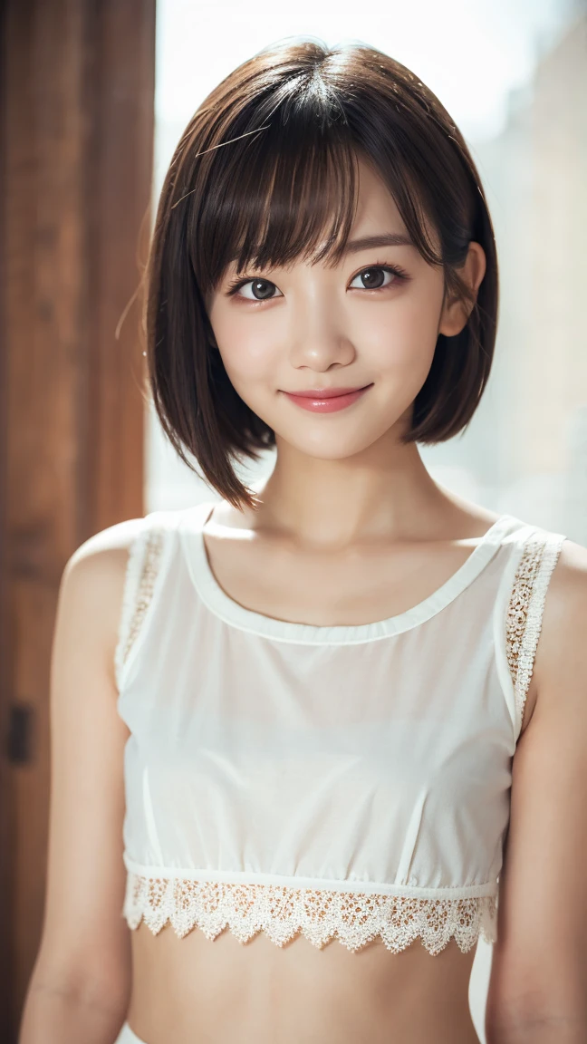 masterpiece, highest quality, 8k, 18-year-old, Big Breasts, cute, alone, A kind smile, Idol, cute, Girlish, Delicate girl, Pure beauty, RAW Photos, Professional photography, Portraiture, Soft Light, Professional Lighting, Backlight, Upper Body, avert your eyes, Sophisticated, Film Grain, (Eye and facial details:1.0), Floating shorthair, beautiful, Flowing hair, bangs, Off-the-shoulder knit、Big Breasts、The chest is slightly visible, Huge breasts:2.0