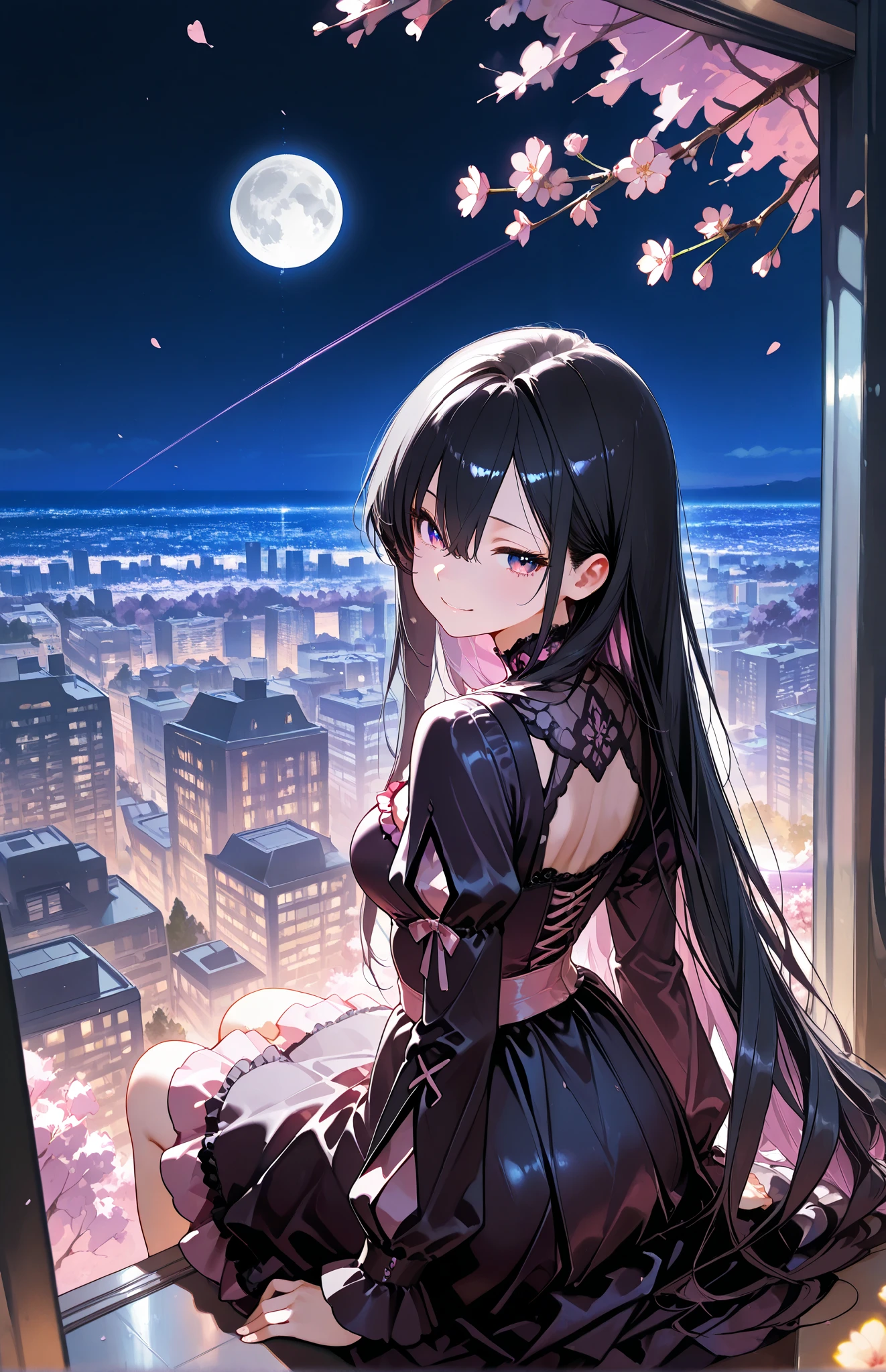 cherry blossoms, looking back, A girl, sharp purple eyes , multicolored eyes , hair between eyes , long side bangs , black hair with fine purple strands , very long hair , medium breasts, black-Pink gothic dress, elaborate dress, elaborate pattern, long sleeves, puff sleeves,Ruffles, laced, sits on the windowsill, looking out at the moon, trees, flowers,sitting, watercolor art style, drawing art style, pastel color, vintage art style,from behind, janpanese stlye,janpanese building, city scape, horizon, vapor trail, neon lights, night, sadly innocent smile, full moon, Look up at the full moon, solo, score_9, score_8_up, score_7_up, source_anime