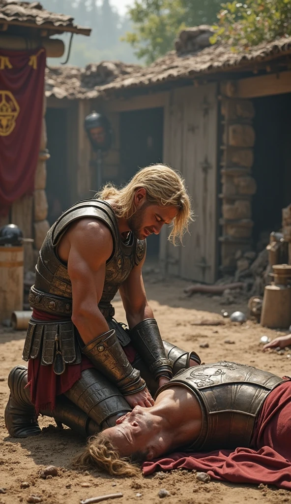 realistic, masterpiece, best quality, cinematic, dynamic lighting, soft shadow, highest detail, professional photography, detailed background, depth of field, insane details, intricate, aesthetic, detailed face, subsurface scattering, realistic hair, realistic eyes, 1boy, muscular, manly, (large pectorals:1.3), pectorals, abs, photo of a handsome male barbarian wearing leather harness armor, intricate tribal armor, fighting pose, angry, battle cry, holding weapon, sword, medieval, fantasy, rpg, blood, injury, sweat, barbarian village background, medium messy hair, blonde hair,