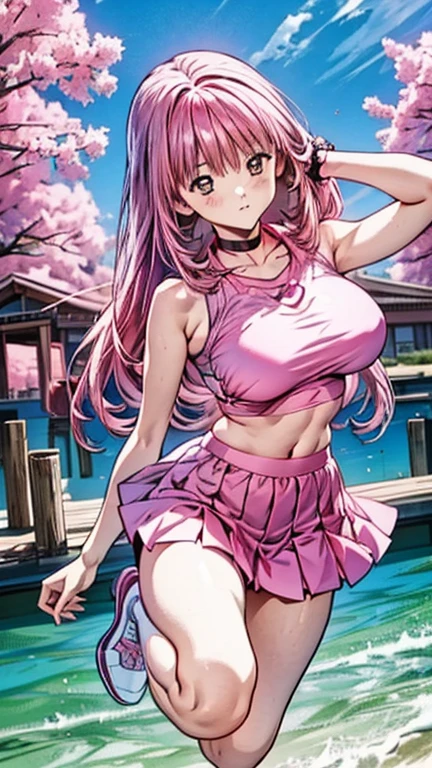 realistic, 1girl, ponytail, parted lips, blush, makeup, light smile, pink hair, sportswear, skirt, wet clothes, glow, thighs, purple eye, bare shoulders, collarbone, narrow waist, sunbeam, sunlight, rose, wind, cleavage, (masterpiece), sweat,, big breasts