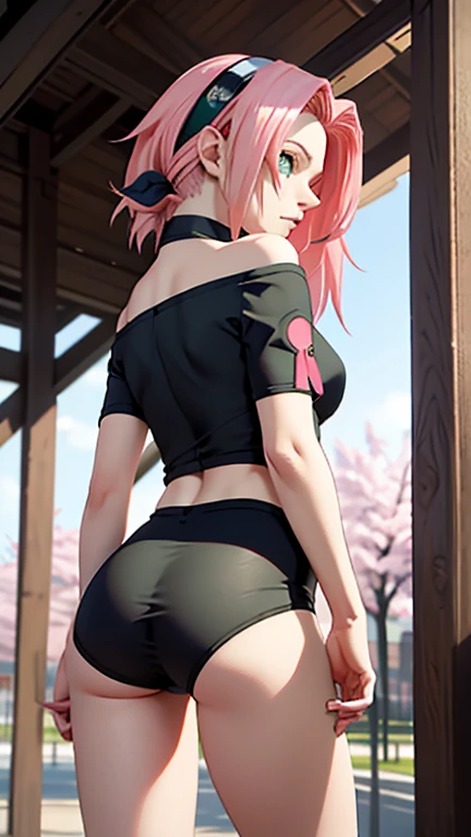 ((ultra quality)), ((masterpiece)), sakura, Naruto Shippuden, ((pinkshort hair)), (beautiful cute face), (beautiful female lips), Charming, ((sexy facial expression)), looks at the camera, eyes slightly open, (skin color white), (blue skin), glare on the body, ((detailed beautiful female eyes)), ((green eyes)), (juicy women&#39;s lip liner), (beautiful female hands), ((ideal female figure)), ideal female body, beautiful waist, gorgeous thighs, beautiful small breasts, ((thin and beautiful)), stands temptingly (Rear view), (sakura Uzumaki&#39;s clothes, black skinny shorts, leggings, Hidden Leaf Village Shinobi Clothes) background: hidden leaf village, Naruto shippuden, ((depth of field)), ((clear high quality image)), (Clear details), ((high detail)), anime