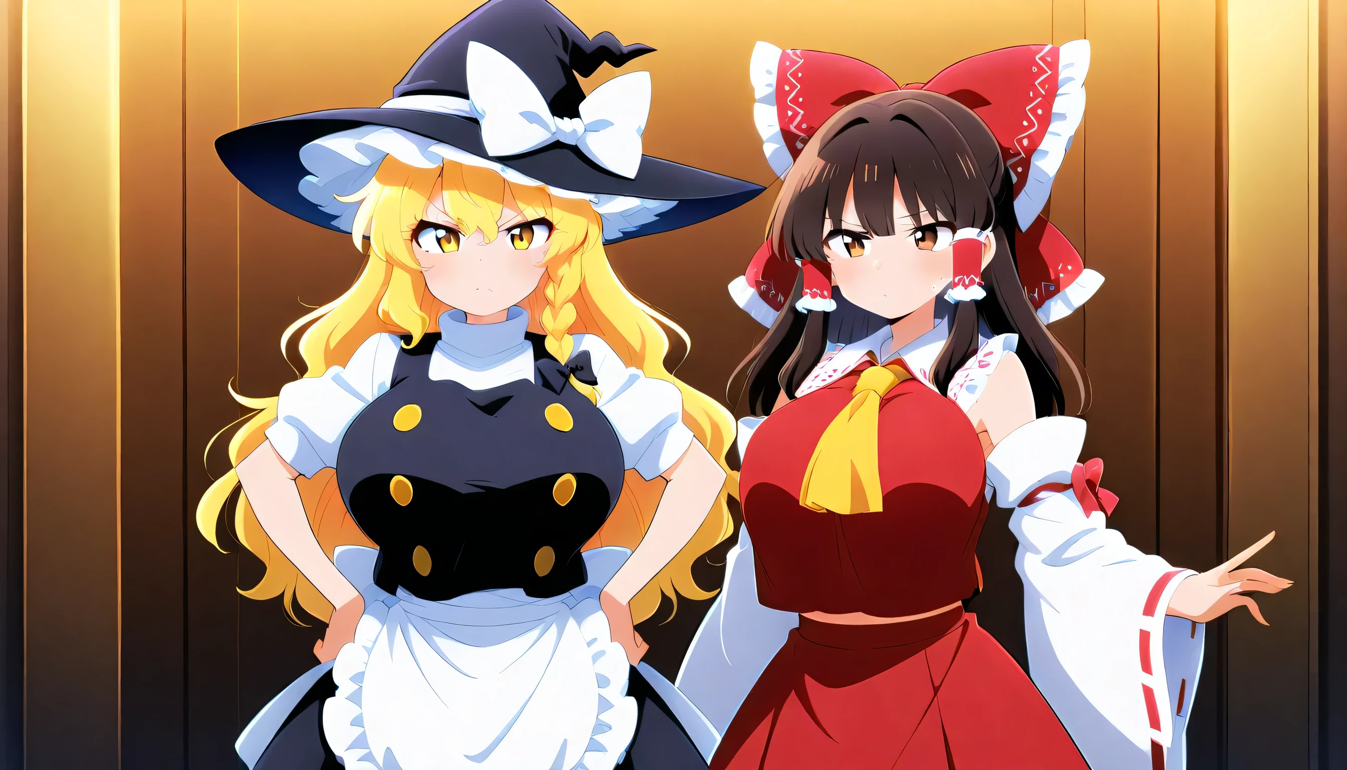 kirisame marisa, 2girl, solo, blonde hair, yellow eyes, single braid,
witch hat, hair bow, black bow, white ribbon, black skirt, black shirt, short sleeves, waist apron, white sleeves
, vs , huge breast,mini haneko,escoba,hakurei reimu, 1girl, solo, brown eyes, brown hair, long hair, sidelocks,
hair bow, hair tubes, frilled bow, yellow ascot, red shirt, ribbon-trimmed detached wide sleeves, red skirt,huge breast
