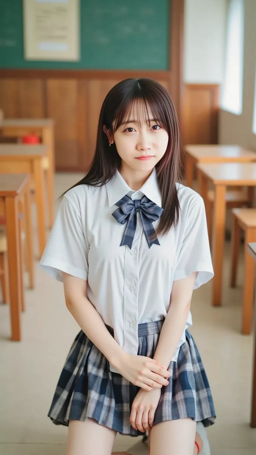 (1young girl), kawaii, (highly detailed Beautiful face), Amazing face and eyes, (Best Quality:1.4), (Ultra-detailed), (extremely detailed CG unified 8k wallpaper), Highly detailed, High-definition raw color photos, Professional Photography, Realistic portrait, twintails, (hi-school uniform, pleated mini skirt:1.3), (hi-school uniform with wide open breasts:1.2), Sitting, (open your legs), cameltoe, depth of fields, School, classroom, (fine face:1.2), (from below)