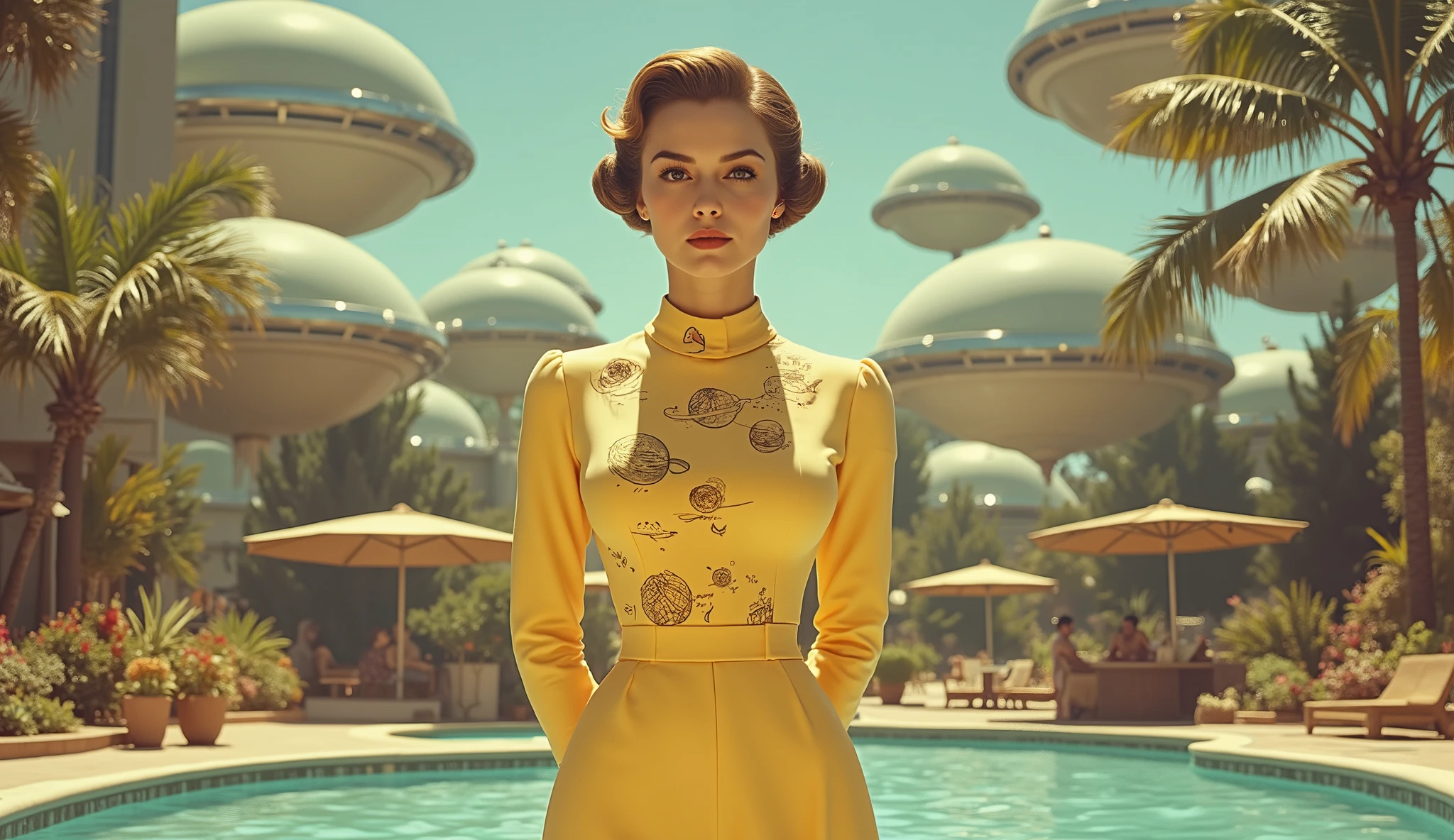 Elegant woman in yellow retro-futuristic dress with hand-drawn planetary illustrations, standing in a utopian garden city with floating orb-shaped buildings, palm trees, flowers, water canal in foreground, clear sky, nostalgic lighting, poised expression, mid-century sci-fi dream