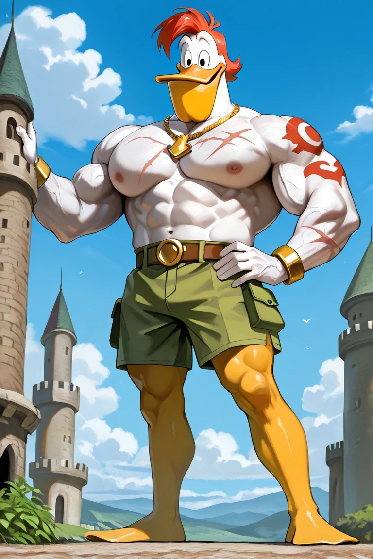 A giant barbarian muscular launchpad mcquack, white skin, duck, gigantic chin, score_9, score_8_up, score_7_up, score_6_up, best quality, highres, source_furry BREAK ppp BREAK (outdoors, sky and clouds, detailed background:1.2), blue sky background, fairytale fantasy scene, jack and the beanstalk story,
1boy, male, solo, duck, beak, launchpad mcquack, white skin, muscular body, golden armor, golden bracelets, golden necklaces, ripped dark green shorts, gold belt, black eyes, smile, happy, open beak with teeths, looking a viewer, hand on hip, short hair, red hair, anthro, smile, furry, shirtless, showing muscles, ginomous biceps, enormous pectorals, giant size, macro size, full body, yellow legs, veins, red tattoos on his pectorals, scars on the body, castle behind, going down to the large beanstalk, saturaded colors palette.