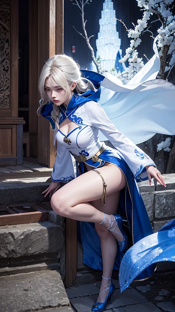 climbing a temple wall South korea women mystery hooded on with modern royal Blue coat with long and wide sleeves with buttons and royal Blue cape and very high white heel over the knee and white gloves, As she reveals a small secret hidden blade coming from his palm , adding to the character's mysterious and agile appearance, with small movements of air on the cape,, in summer at night under the rain,medieval south korea house. sophisticated and highly detailed, ultra hd, realistic, hyper detailed, enhanced colours, ultra sharp focus, with vibrant, rich in details High quality, gorgeous, captivating, 8k, super detailed, stunning shadows, detailed lines, 