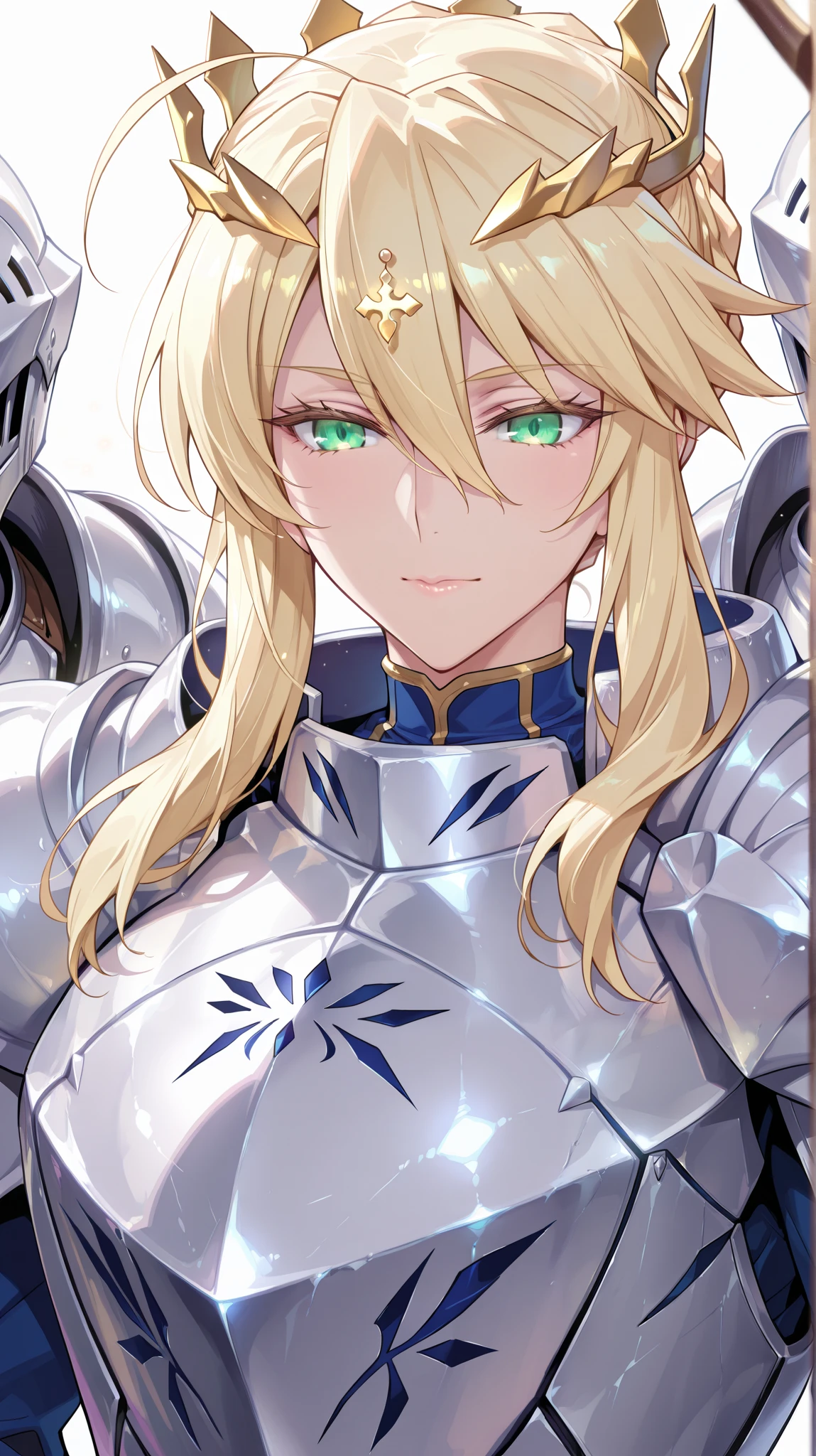 8k, Masterpiece, very aesthetic, detailed face, detailed eyes, green eyes, elegant mature woman, artoria pendragon (lancer) (fate), knight armor, white armor, upper body shot,battle worn armor,