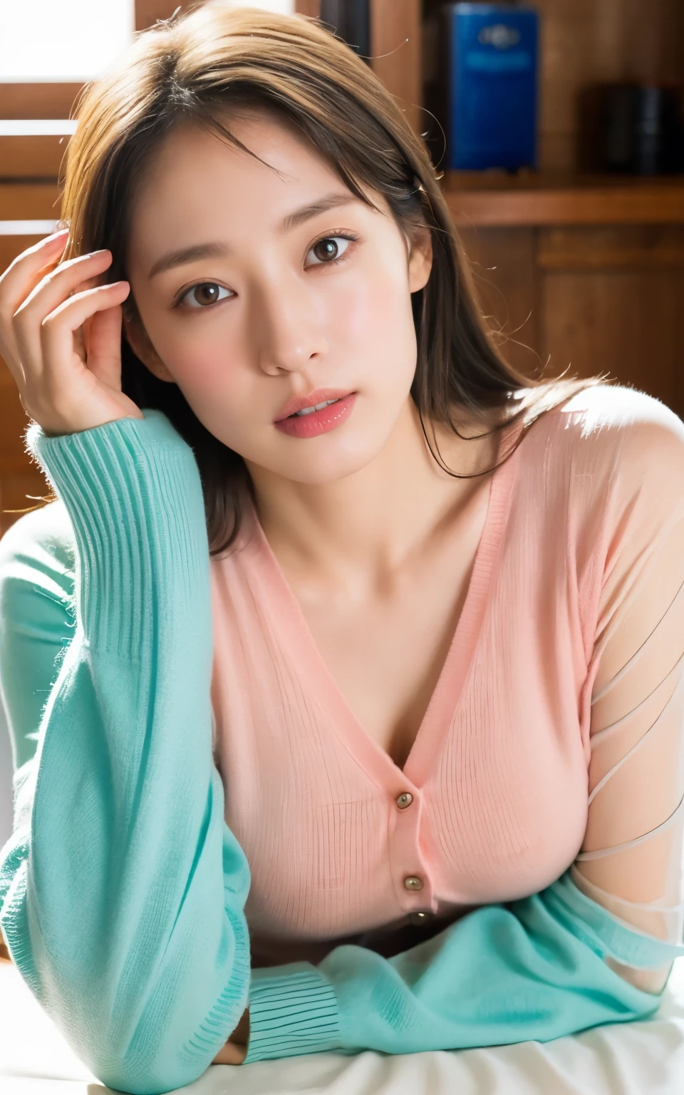 ((Beauty tutor:1.6)),((top quality, 8k, masterpiece :1.3)), Sharp Focus :1.2, bright color, Pro level , (( bokeh effects )), Shallow depth of background, 20 year old women, (Half Japanese, Half German woman), ((1 person)), Beautiful and intelligent face , :1.3, Body Shape Around the Student :1.5, 頭w:1.4, perfect style:1.4, realistic skin texture, white skin, shiny skin, Narrow shoulders, On the tongue, length, thin legs, Slim Abs Beauty :1.2, thin waist :1.2, very detailed face, contrast of slim face , beautiful little face, Beautiful Nose, highly detailed eyes, length, Narrow eyes, brown eyes, double eyelid, Beautiful thin eyebrows, Thin and long eyelashes, Fuller lips, radiant pink lips , has red cheeks ., beautiful teeth , beautiful actress ' perfect makeup, silver necklace, earrings, blonde woman with model car, Delicate and soft hair , (Put your hair up, Fluffy short bob:1.2), layered cut, (short bang:1.2),
half-open and open-mouthed, Attractive Appearance, staring at camera,
(( Sleep on Your Back :1.2)), ( full body image from thigh :1.5), dynamic lighting,
(short sleeve knit, See-Through Cardigan , bright colorのサンダル:1.4),
((I'wrapped in a futon and did something bad., she passed her fingers through the gap between her legs ., her nipples were visible through gaps in her clothes:1.5)),