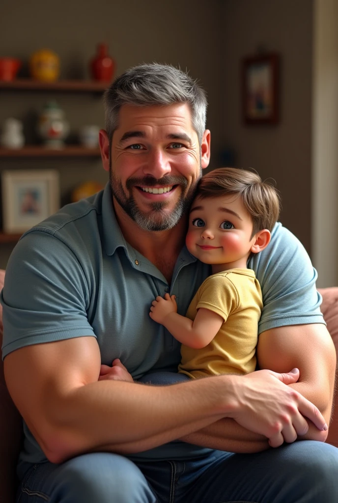 Imagem ultra-realista de um pai feliz com o filho 8k
