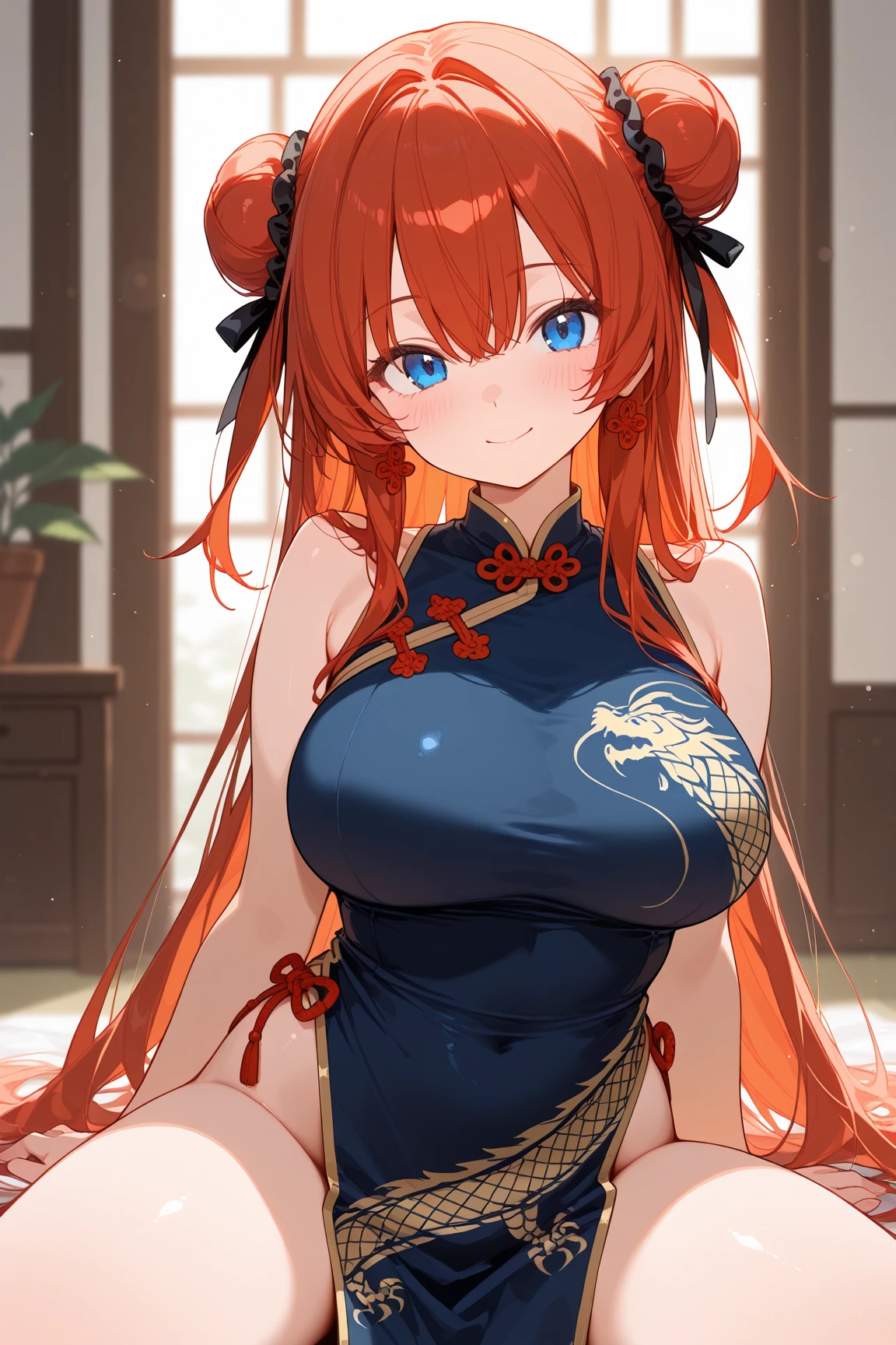 4K,High resolution,one woman,orange hair,long ponytail,blue eyes,big breasts,ancient chinese princess,fantasy long dress,side boob,ancient chinese royal family