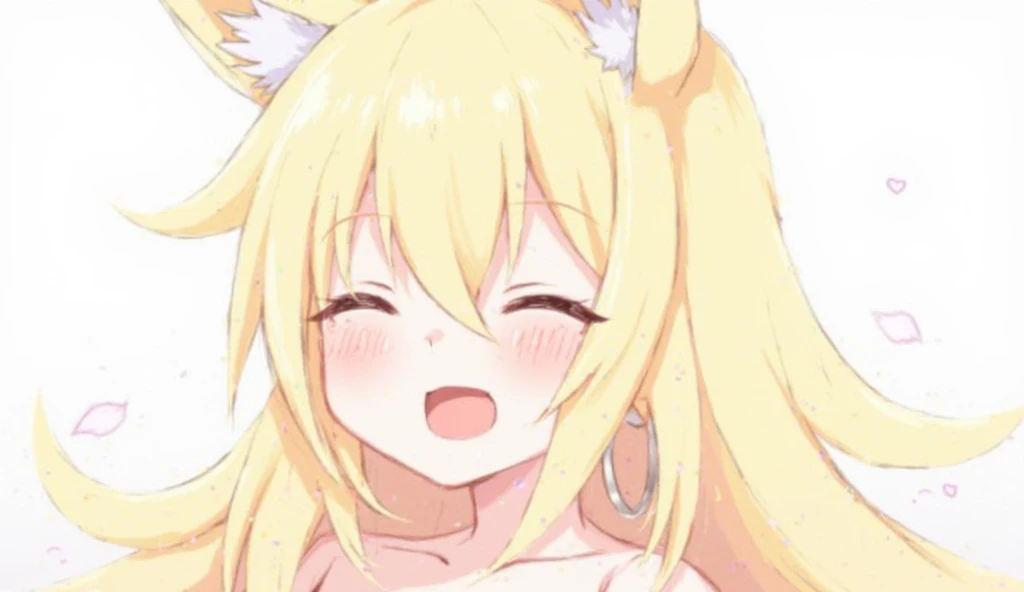 WeriStyle art, 1girl, blonde hair, animal ears, full body, waving, eyes closed, smiling, blush, cat ears, animal ear fluff