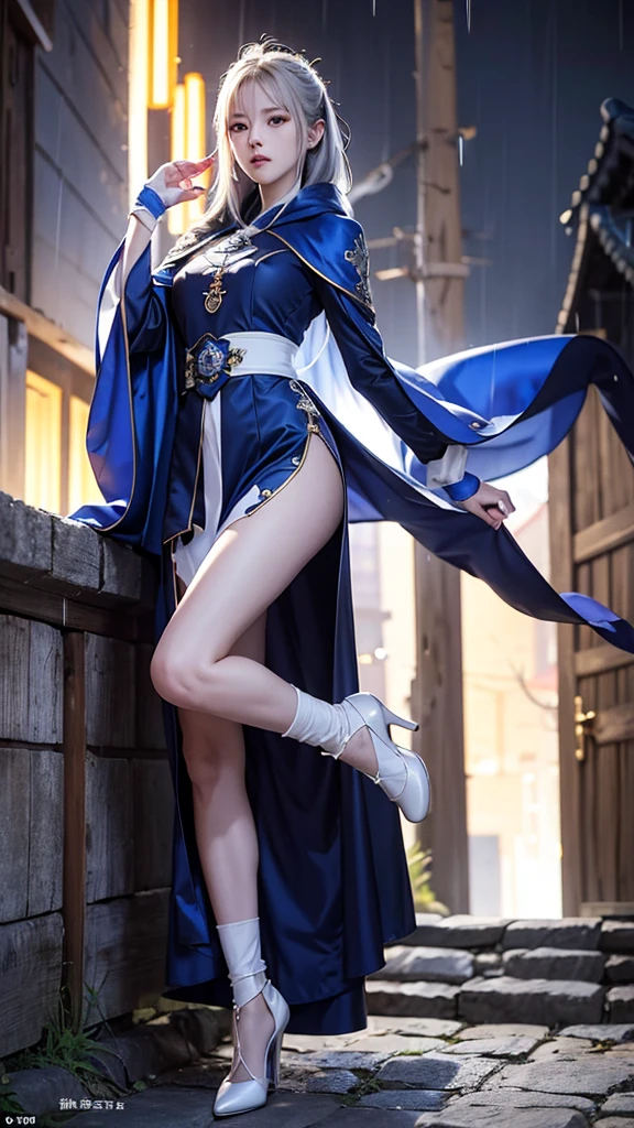South korea assassin women mystery hooded on with modern royal Blue coat with long and wide sleeves with buttons and royal Blue cape and very high white heel over the knee and white gloves, As she reveals a small secret hidden blade coming from his palm , adding to the character's mysterious and agile appearance, with small movements of air on the cape, jump from roof to roof, in summer at night under the rain,medieval south korea house. sophisticated and highly detailed, ultra hd, realistic, hyper detailed, enhanced colours, ultra sharp focus, with vibrant, rich in details High quality, gorgeous, captivating, 8k, super detailed, stunning shadows, detailed lines, ready to make a murder