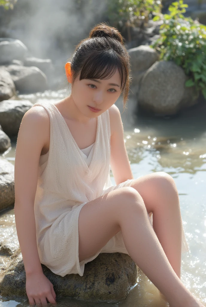 Random posture,
(raw photo,8k,photorealistic:1.3),(masterpiece, best quality), (from below), 35mm shot, looking at viewer, highres,
((a girl, solo)) , (detailed beautiful face, beautiful detailed pink eyes, detailed perfect skin),
((flat chest)), high ponytail contorted, eyes visible through hair, (blush), wet hair,
sitting, white|black kimono, topless, (leg crossed) , arms behind back, water, hair ornament, lace trim,