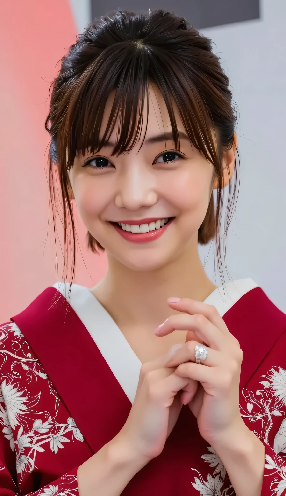 Utamaro's Ukiyo-e 、Beautiful Ukiyo-e composition、HD、4K、8k、16k、Woman 1、super high resolution、detailed description、A kimono with a bright white floral pattern that looks like art、（川沿いのライトupされた鮮やかな桜を見ている）、A work like the culmination of Ukiyo-e、 color difference、bewitching beautiful woman in beautiful Ukiyo-e、high image quality、  facial features  、((Spectacular natural scenery))、score_9, score_8_up, score_7_up,high res photos, masterpiece, best quality work, great quality, very detailed, Complicated Details, sharp detail、Focus on Your FACE, perfect hands, perfect anatomy, detail hand , detailed finger,Japanese、Outdoors、、髪はup、It goes well with kimonos、((A beautiful night view of cherry blossom trees in full bloom along the riverside lined with red lanterns))、((赤い灯篭が並ぶ川沿いにライトアップされた満開の美しい桜並木の夜景))、桜の花びらが舞っている