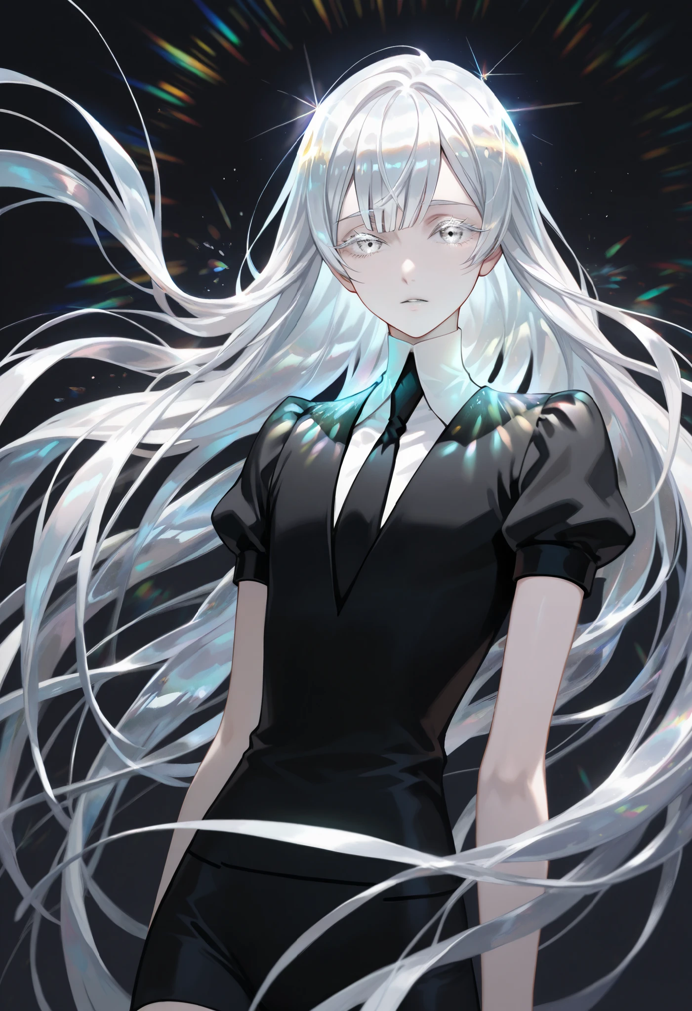 Beautiful, solo, long hair, white hair, silver eyes, sharp eyes, white shirt, black suit, short sleeves, houseki no kuni