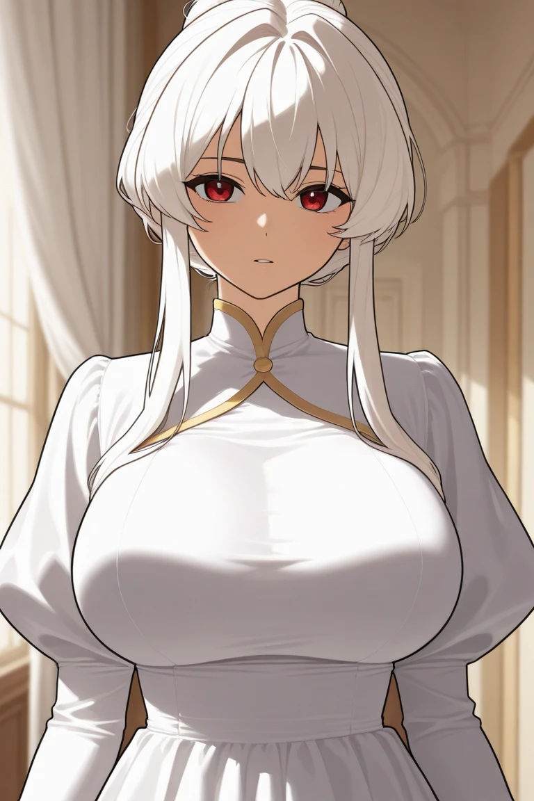 A closeup of a woman with very large breasts - girl with silver hair, woman with white hair, (showing forehead), highly detailed character, green eyes, white hair in a bun, tight white dress, neckline, side bangs, hyperdetailed costume character, April render, female character, character with noble woman smile, 3 d render art character 8 k, v of the devil can cry, black background