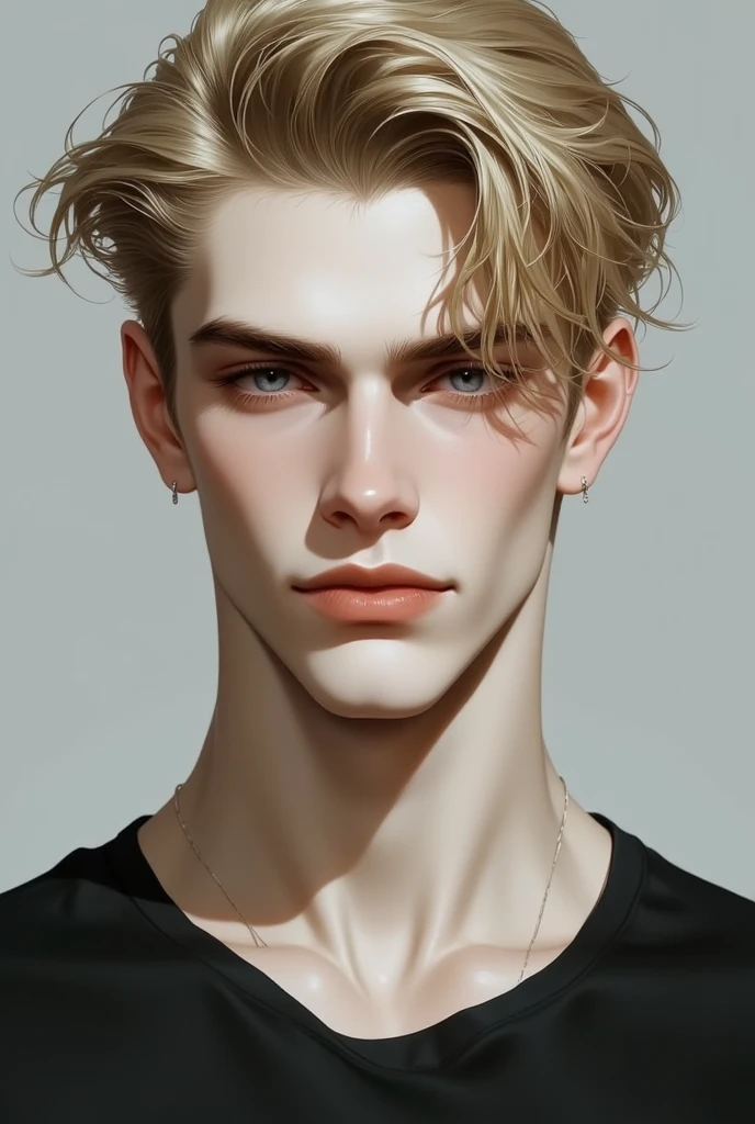 A handsome guy with handsome face, 23 years old, Armenian-Iranian, his body built like a ballet dancer, blonde hair and blue eyes, puffy lips, wearing a top, realistic hd portrait